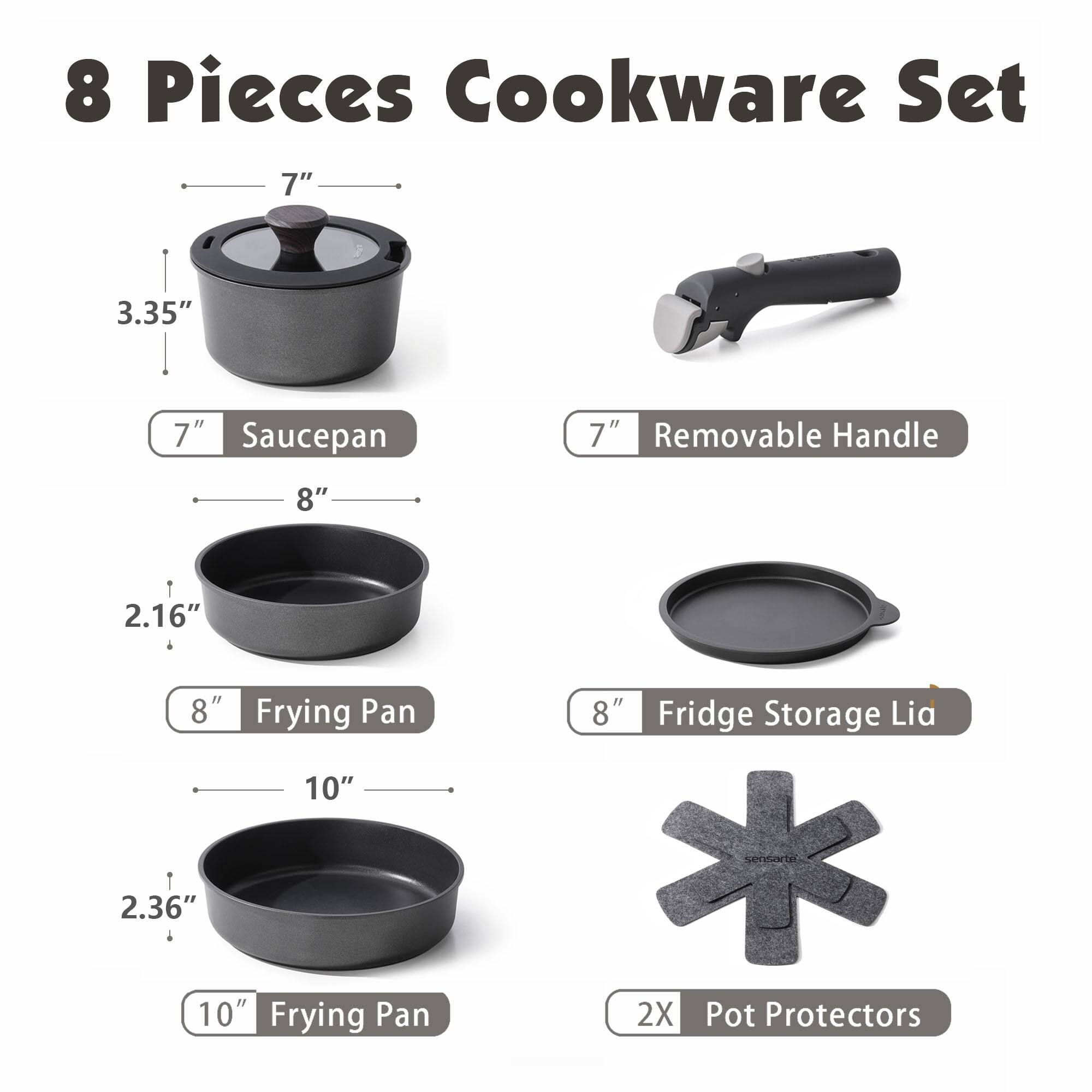 8 Pieces Cookware Set

- 7" Saucepan
- 7" Removable Handle
- 8" Frying Pan
- 8" Fridge Storage Lid
- 10" Frying Pan
- 2X Pot Protectors