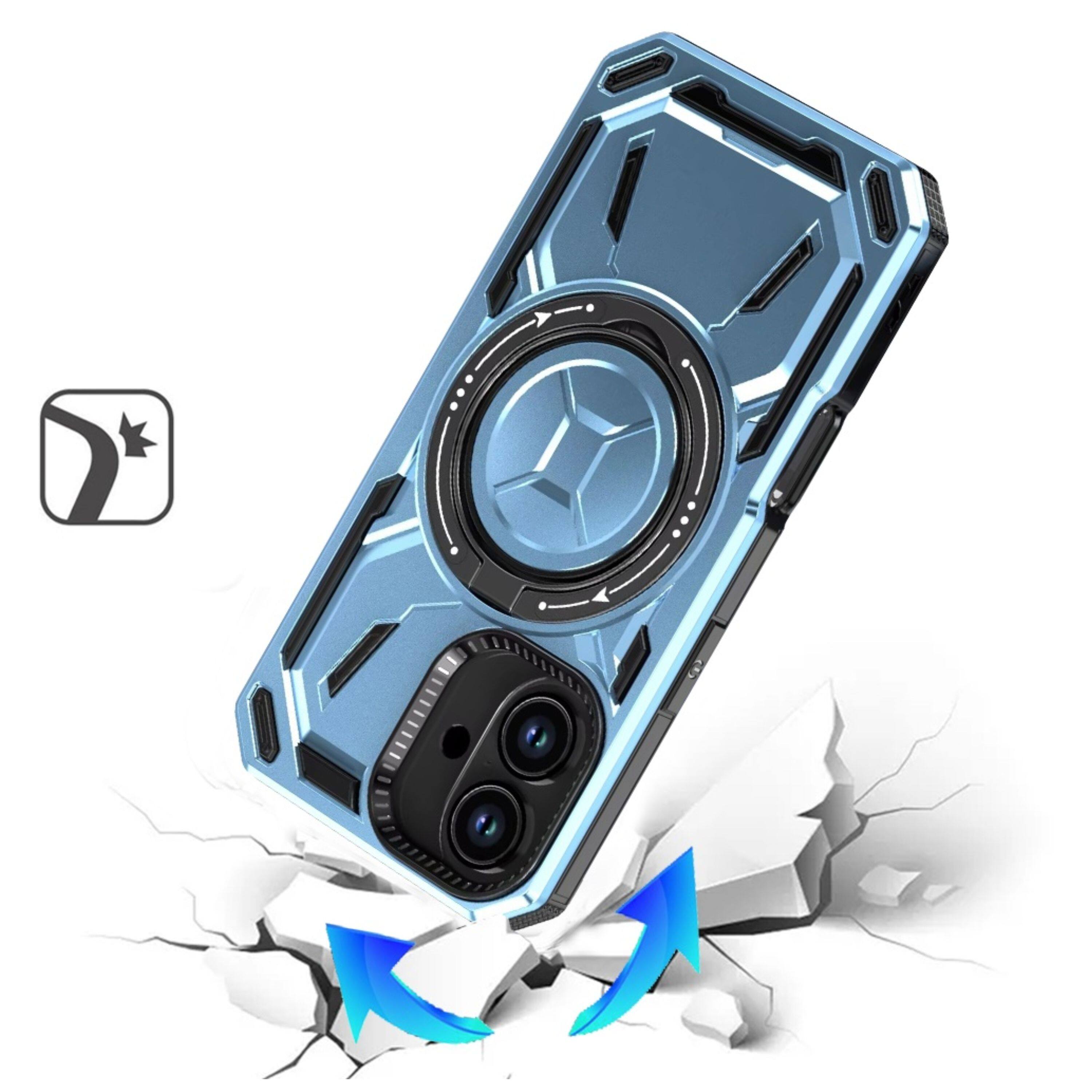 Angle. Kitcheniva - Shockproof Magnet Circle Metal Stand Phone Case With Tempered Glass For iPhone 16 Light Blue - Light Blue.