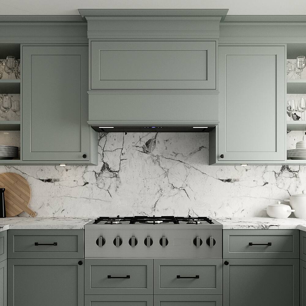 Left. Streamline - 36 in. Messina Convertible Insert 350 CFM Range Hood, Mesh Filters, Touchpad Control, LED Lights - Glossy Black.