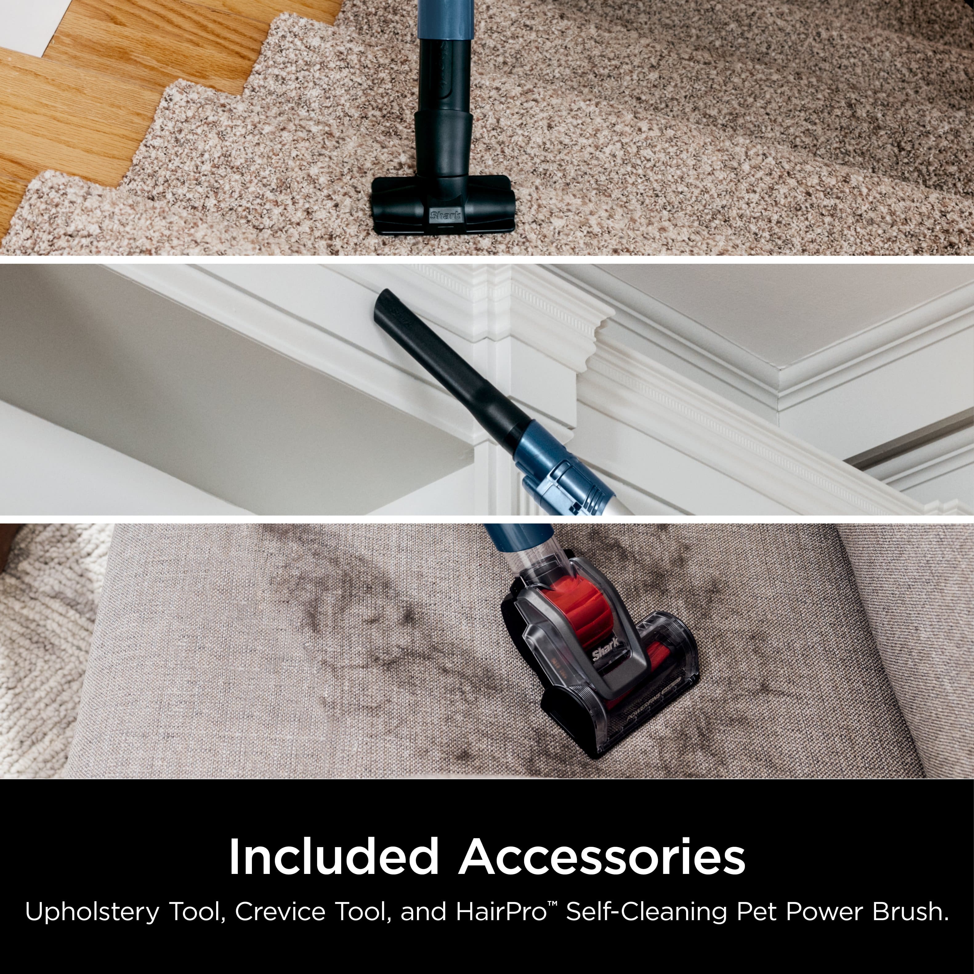 Included Accessories: Upholstery Tool, Crevice Tool, and HairPro Self-Cleaning Pet Power Brush.