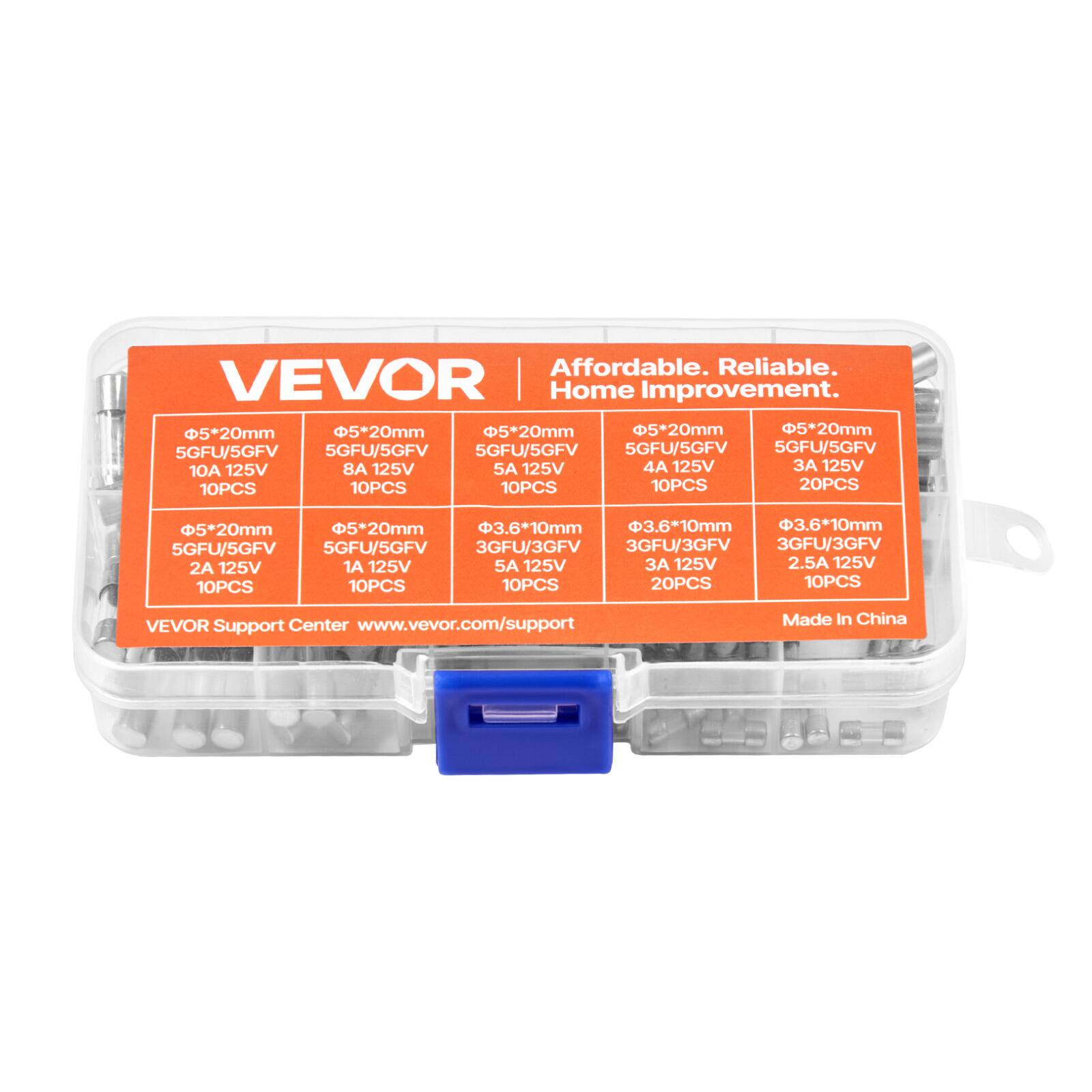 Affordable. Reliable.  
VEVOR Home Improvement.  

- Ø5*20mm  
  5GFU/5GFV  
  10A 125V  
  10PCS  

- Ø5*20mm  
  5GFU/5GFV  
  8A 125V  
  10PCS  

- Ø5*20mm  
  5GFU/5GFV  
  5A 125V  
  10PCS  

- Ø5*20mm  
  5GFU/5GFV  
  4A 125V  
  20PCS  

- Ø5*20mm  
  5GFU/5GFV  
  3A 125V  
  10PCS  

- Ø3.6*10mm  
  5GFU/5GFV  
  2A 125V  
  10PCS  

- Ø3.6*10mm  
  5GFU/5GFV  
  1A 125V  
  10PCS  

