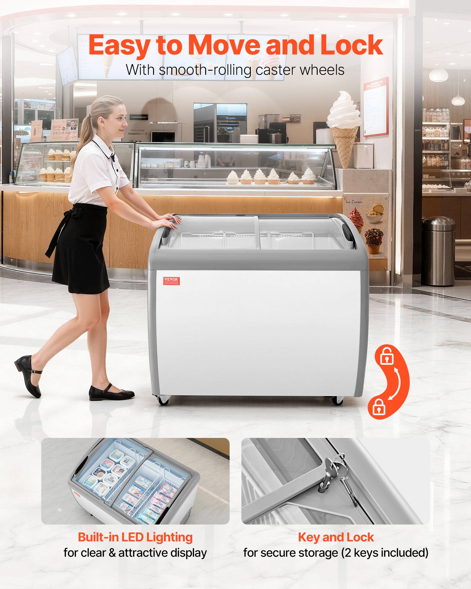 Easy to Move and Lock  
With smooth-rolling caster wheels  

Built-in LED Lighting for clear & attractive display  

Key and Lock for secure storage (2 keys included)