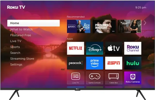 Roku TV 9:25 pm Recommended Home What to Watch Sports Channel The Rich Presumed Innocent Show tve News Live Prime with Unsley Live TV Sports Search Apps Netflix Disney+ tv Roku Channel Streaming Store Settings peacock prime video ESPN hulu + Live TV Game Console Cable Box Roku Cameras Roku