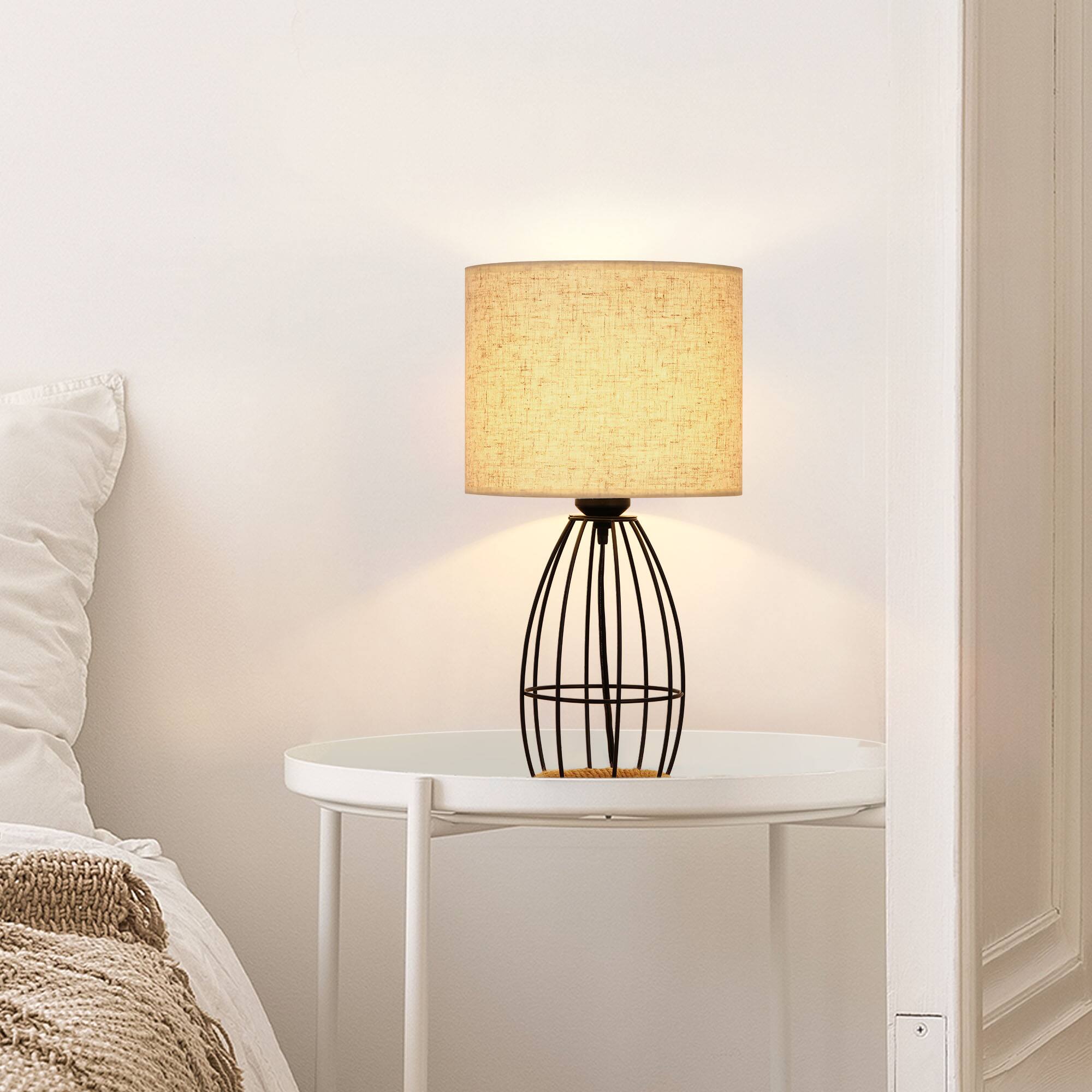 Alt View 1. Oumilen - Birdcage Table Lamp with Linen Shade, Black Metal Frame with Rope Base, E26 Socket & 170cm Cord.