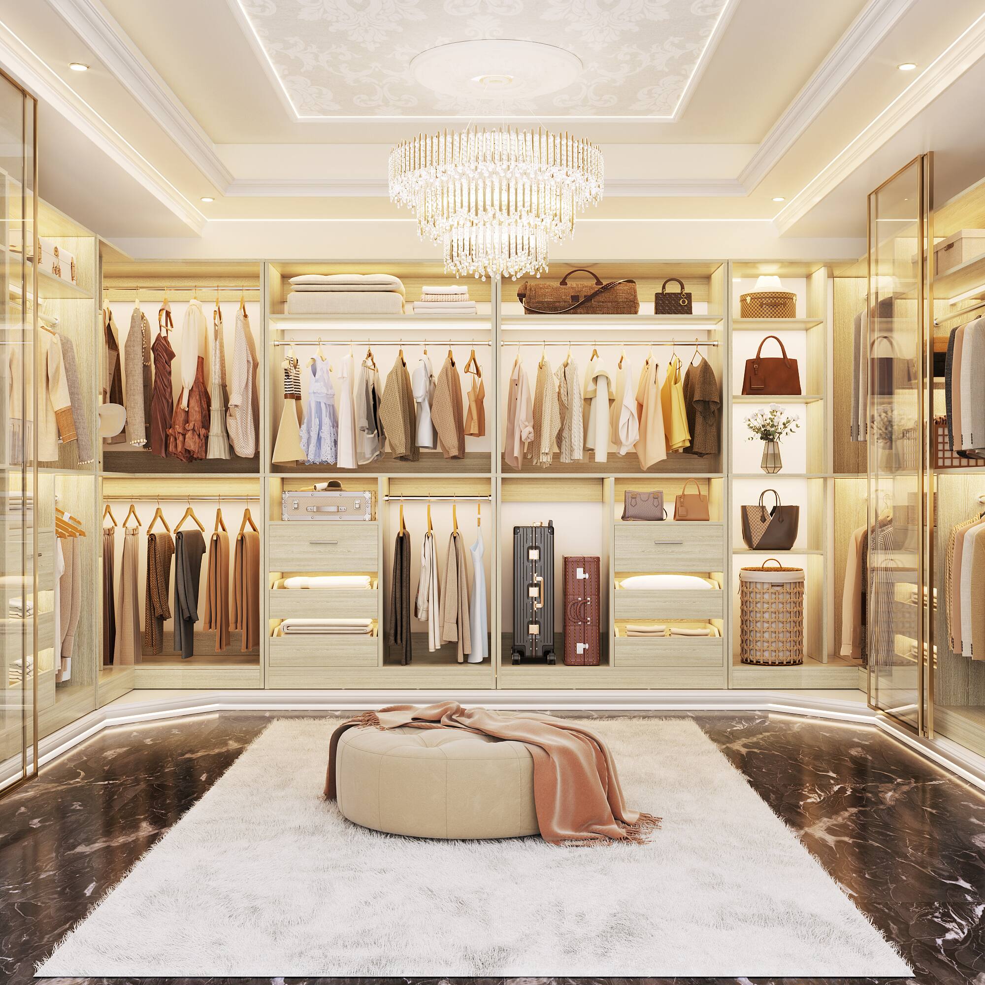 Left. Aheaplus - 72" Freestanding Corner Closet System - 2-Piece Wood Wardrobe with Drawers & Hanging Rods - White Oak.