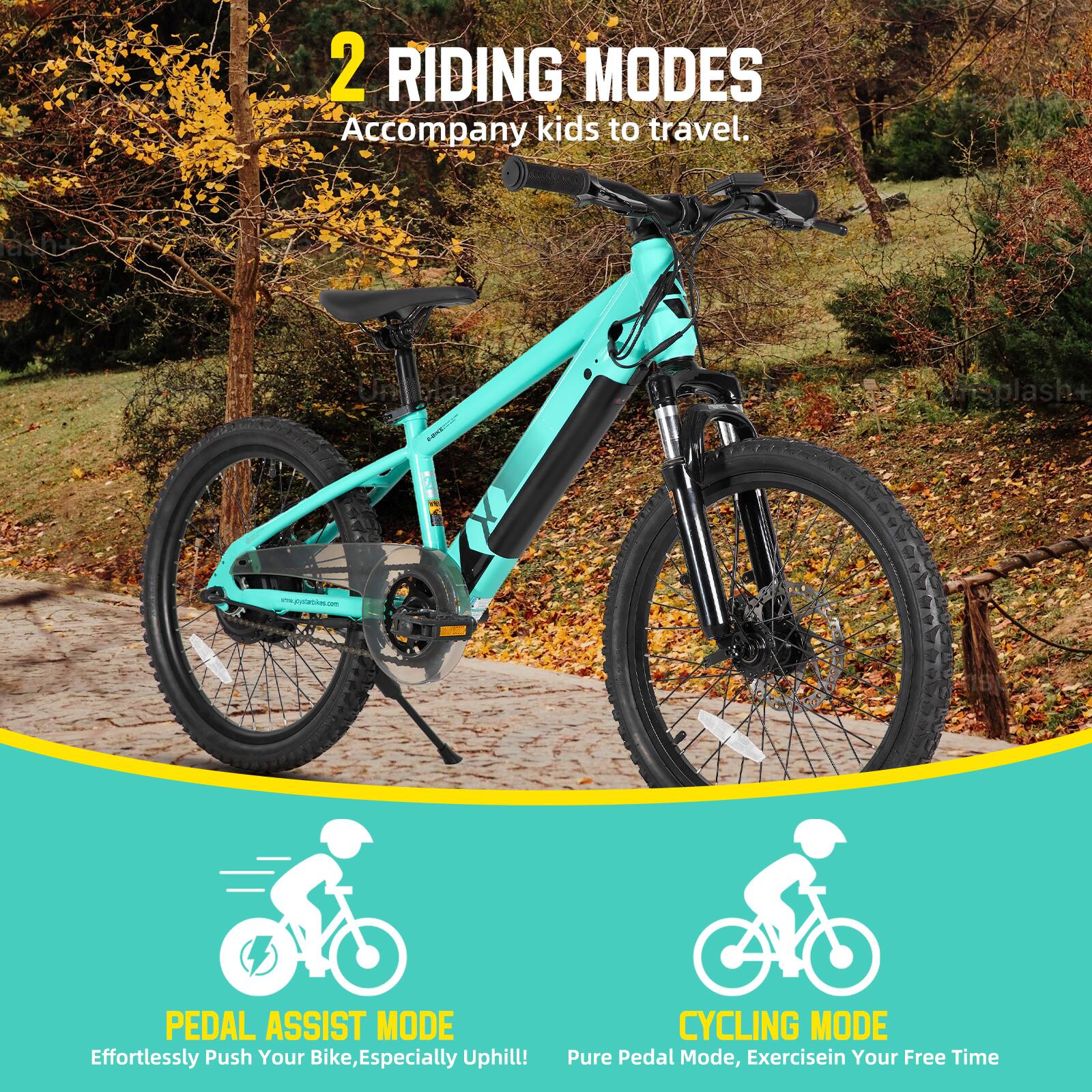 2 RIDING MODES  
Accompany kids to travel.  

LENEIUM plash+  

PEDAL ASSIST MODE  
Effortlessly Push Your Bike, Especially Uphill!  

CYCLING MODE  
Pure Pedal Mode, Exercise in Your Free Time