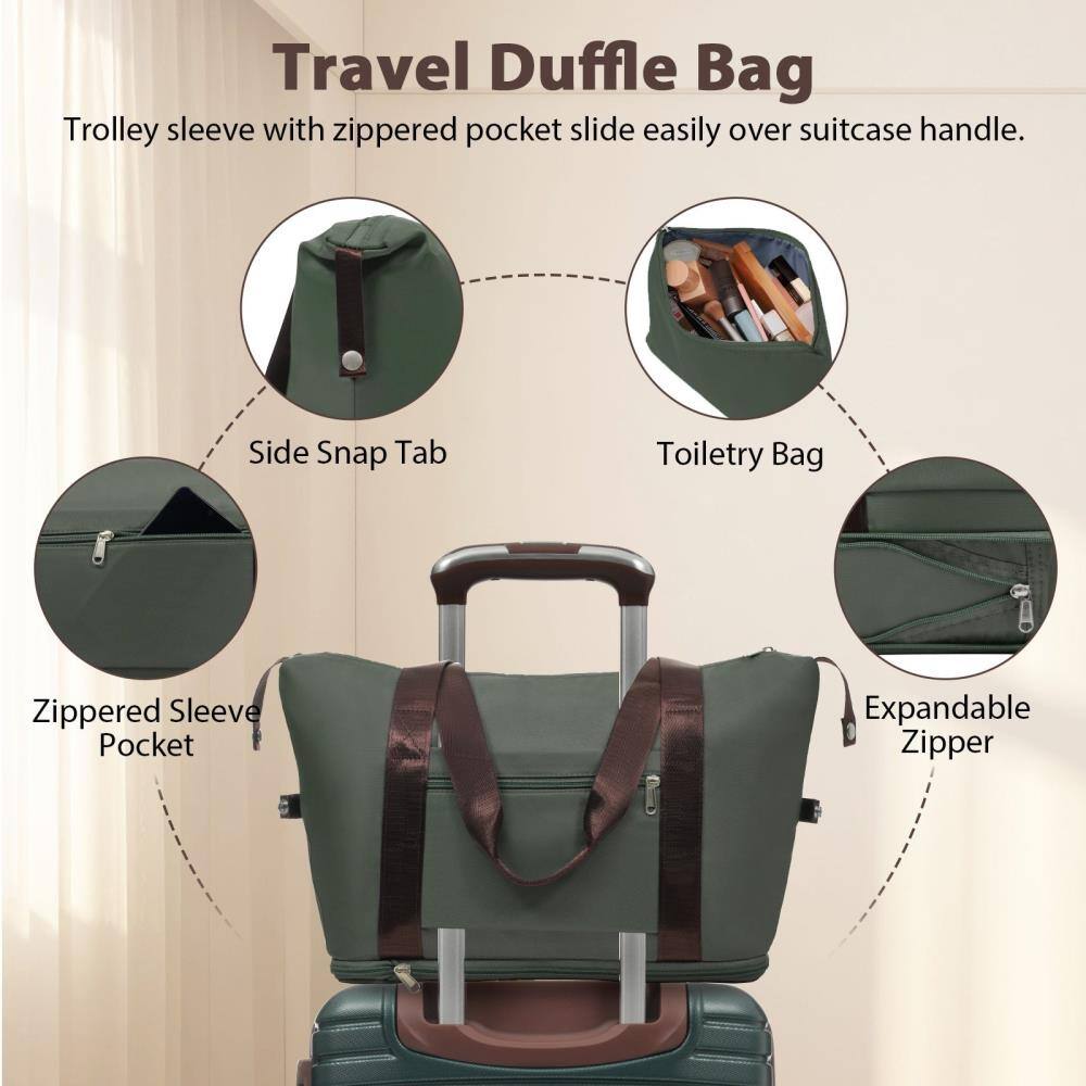 Travel Duffle Bag

- Trolley sleeve with zippered pocket slide easily over suitcase handle.
- Side Snap Tab
- Toiletry Bag
- Zippered Sleeve Pocket
- Expandable Zipper