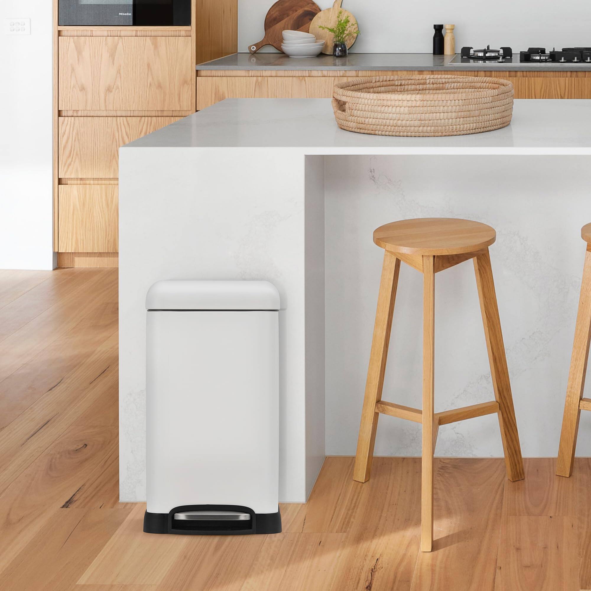 Left. Babevy - Bathroom Trash Can with Lid Soft Close, Step Pedal, 1.2 L Polished Material Garbage Can with Removable Inner Bucket - White.