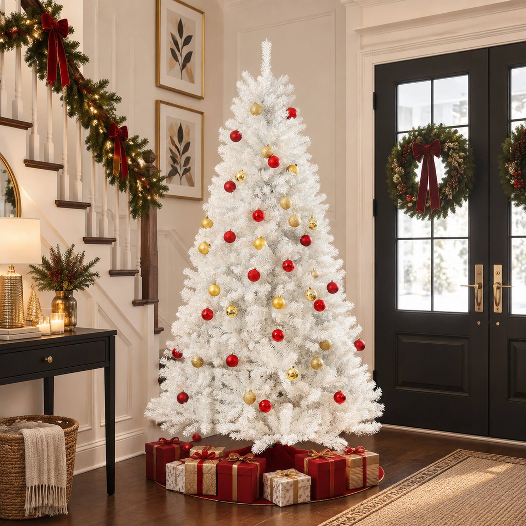 Alt View 2. RYHNUYNE - 9 Ft Unlit White Artificial Christmas Tree With 2132 Branch Tips, Auto Open Steel Base Hinged Holiday Decor - White.