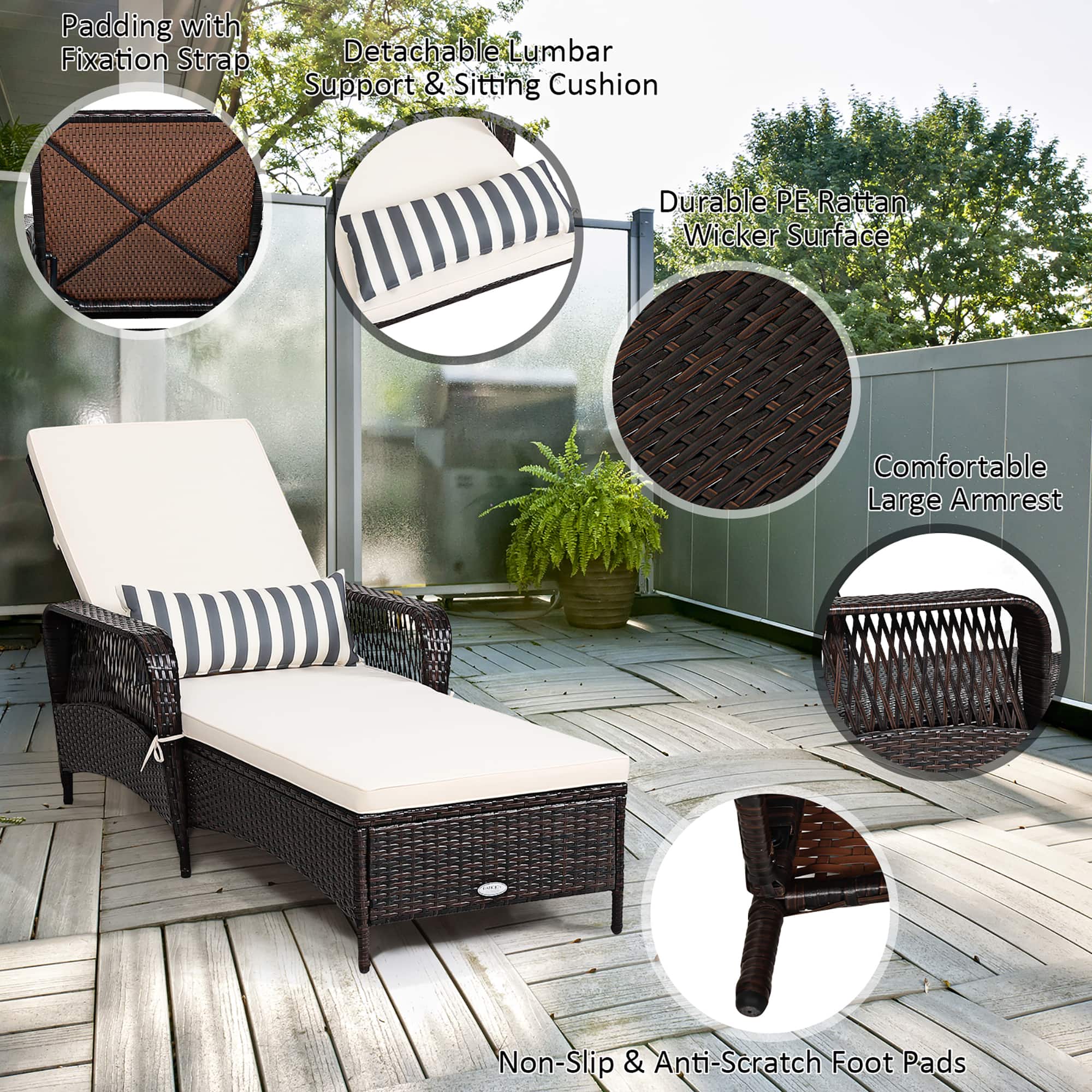 Padding with Fixation Strap Detachable Lumbar Support & Sitting Cushion Durable PE Rattan Wicker Surface Comfortable Large Armrest Non-Slip & Anti-Scratch Foot Pads