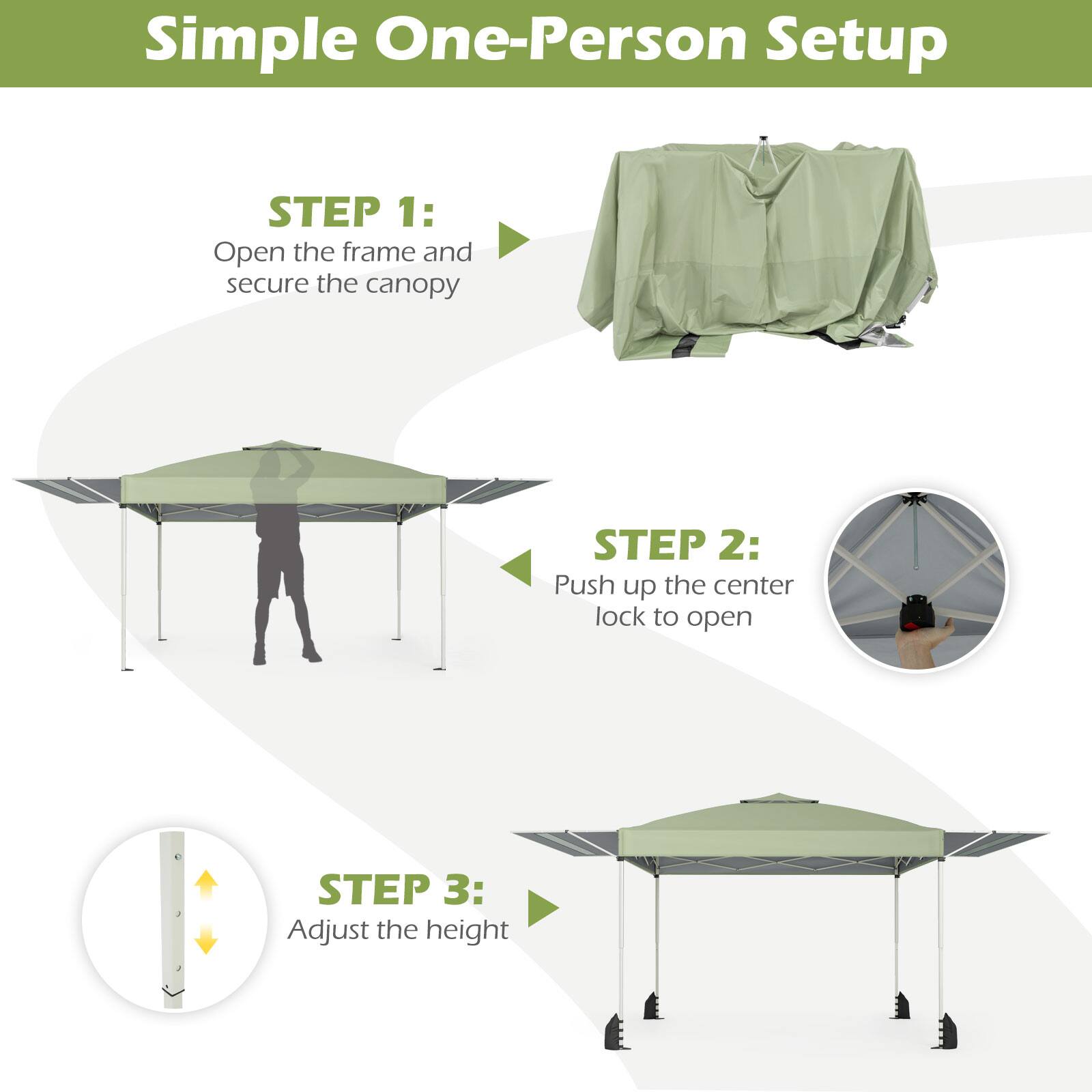 Simple One-Person Setup

STEP 1: Open the frame and secure the canopy

STEP 2: Push up the center lock to open

STEP 3: Adjust the height