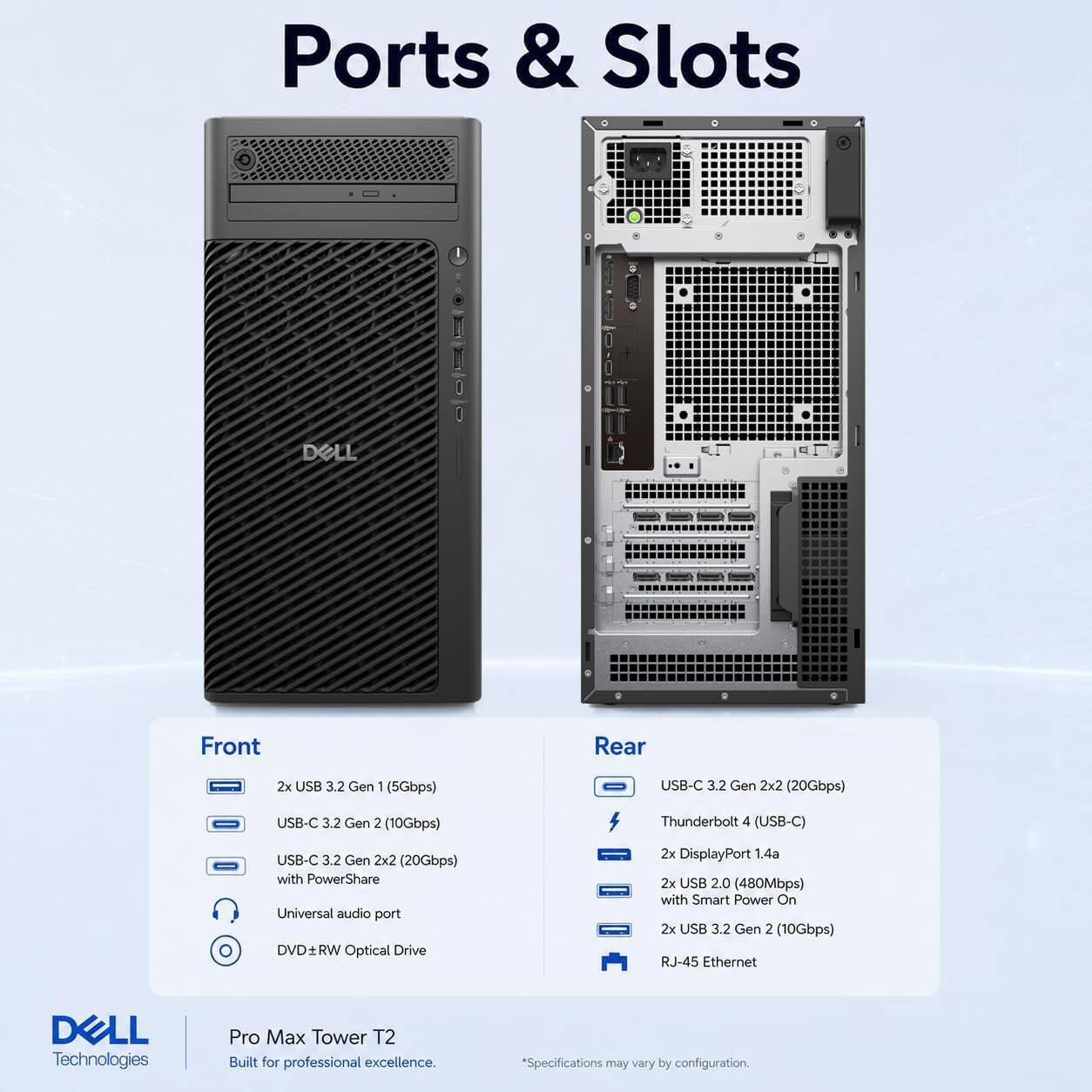 Ports & Slots

DELL

Front
- 2x USB 3.2 Gen 1 (5Gbps)
- USB-C 3.2 Gen 2 (10Gbps)
- USB-C 3.2 Gen 2x2 (20Gbps) with PowerShare
- Universal audio port
- DVDRW Optical Drive

Rear
- USB-C 3.2 Gen 2x2 (20Gbps)
- Thunderbolt 4 (USB-C)
- 2x DisplayPort 1.4a
- 2x USB 2.0 (480Mbps) with Smart Power On
- 2x USB 3.2 Gen 2 (10Gbps)
- RJ-45 Ethernet

DELL Technologies
Pro Max Tower T2
Built for professional excellence.
*Specifications may vary by configuration.