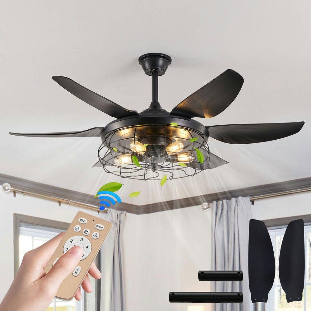 Kadyn - 52" Modern Ceiling Fan with Light, 6 Fan Blades and Industrial Cage Design, Adjustable Speed - Black