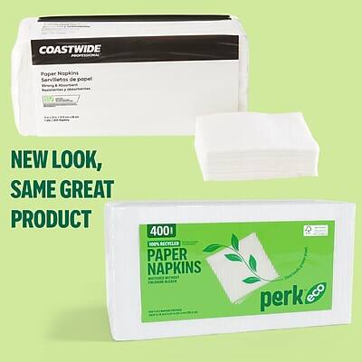 COASTWIDE  
Paper Napkins  
Strong & Nice de papel  

NEW LOOK, SAME GREAT PRODUCT  

400  
100% RECYCLED PAPER NAPKINS  
perk eco
