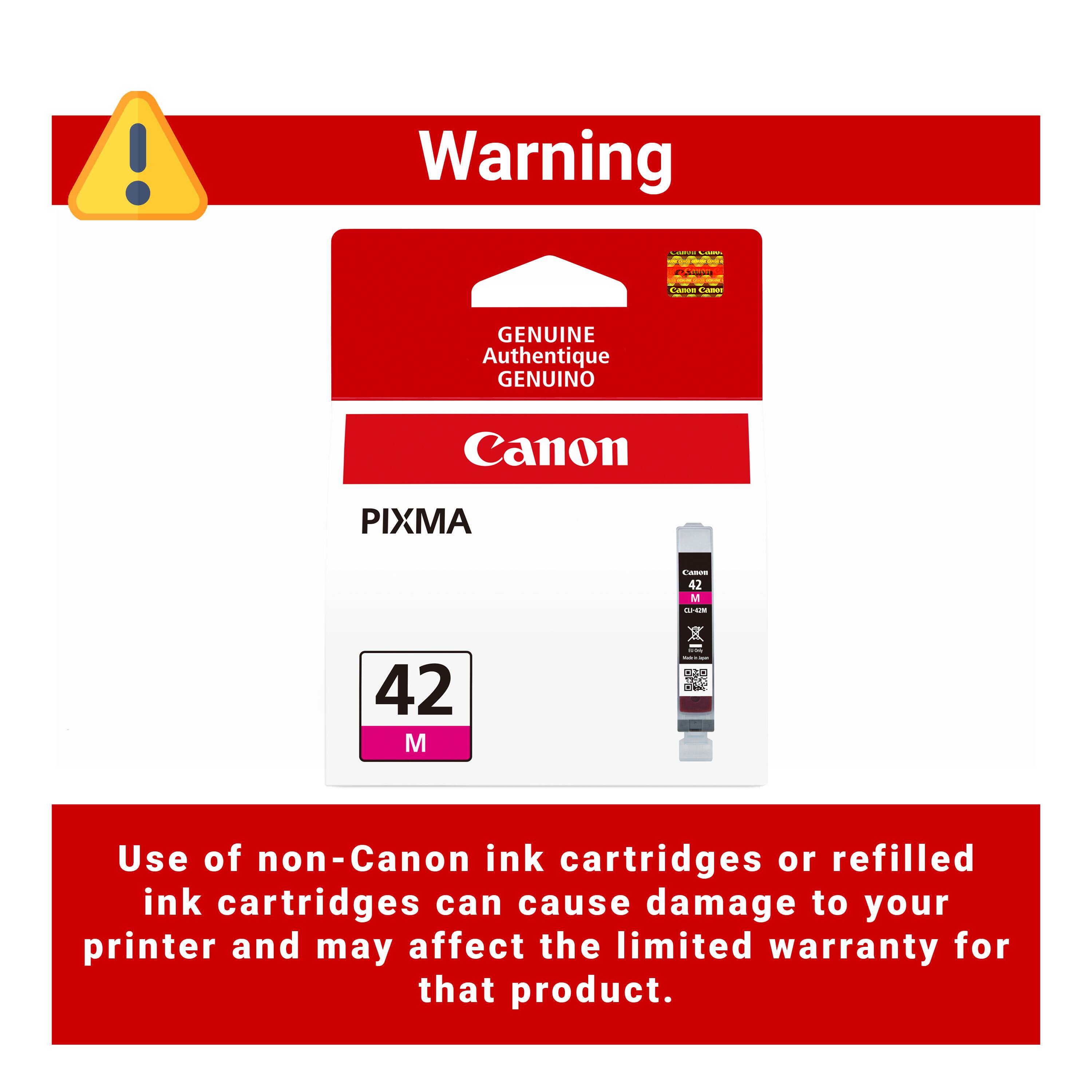 Warning

CAMPO COMICS INDIBIENDO PARAN COMICION Cance CARROT

GENUINE Authentique GENUINO

Canon

PIXMA

Cases 42 N CL2-42M
42 M

---

Use of non-Canon ink cartridges or refilled ink cartridges can cause damage to your printer and may affect the limited warranty for that product.