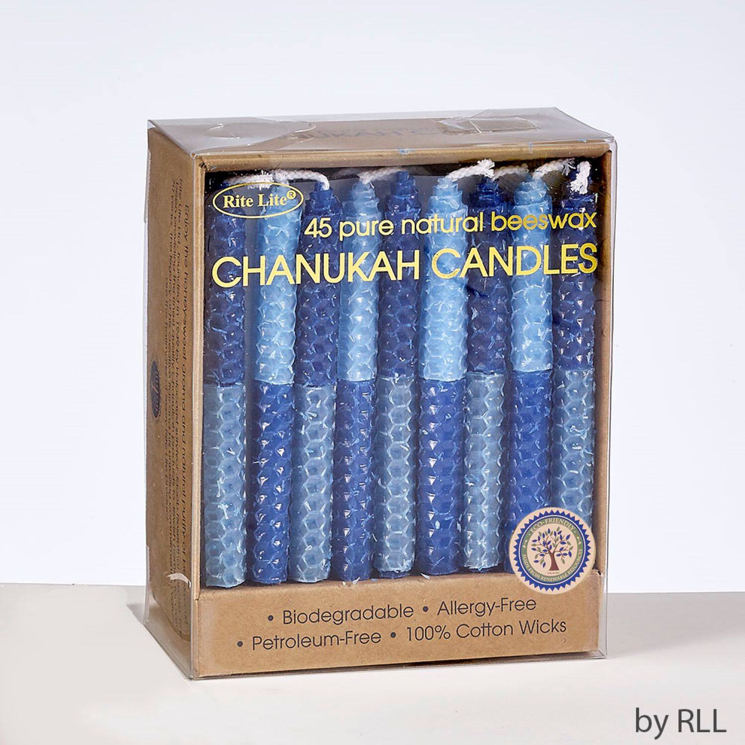 Rite Lite  
45 pure natural beeswax  
CHANUKAH CANDLES  

- Biodegradable  
- Allergy-Free  
- Petroleum-Free  
- 100% Cotton Wicks  

by RLL
