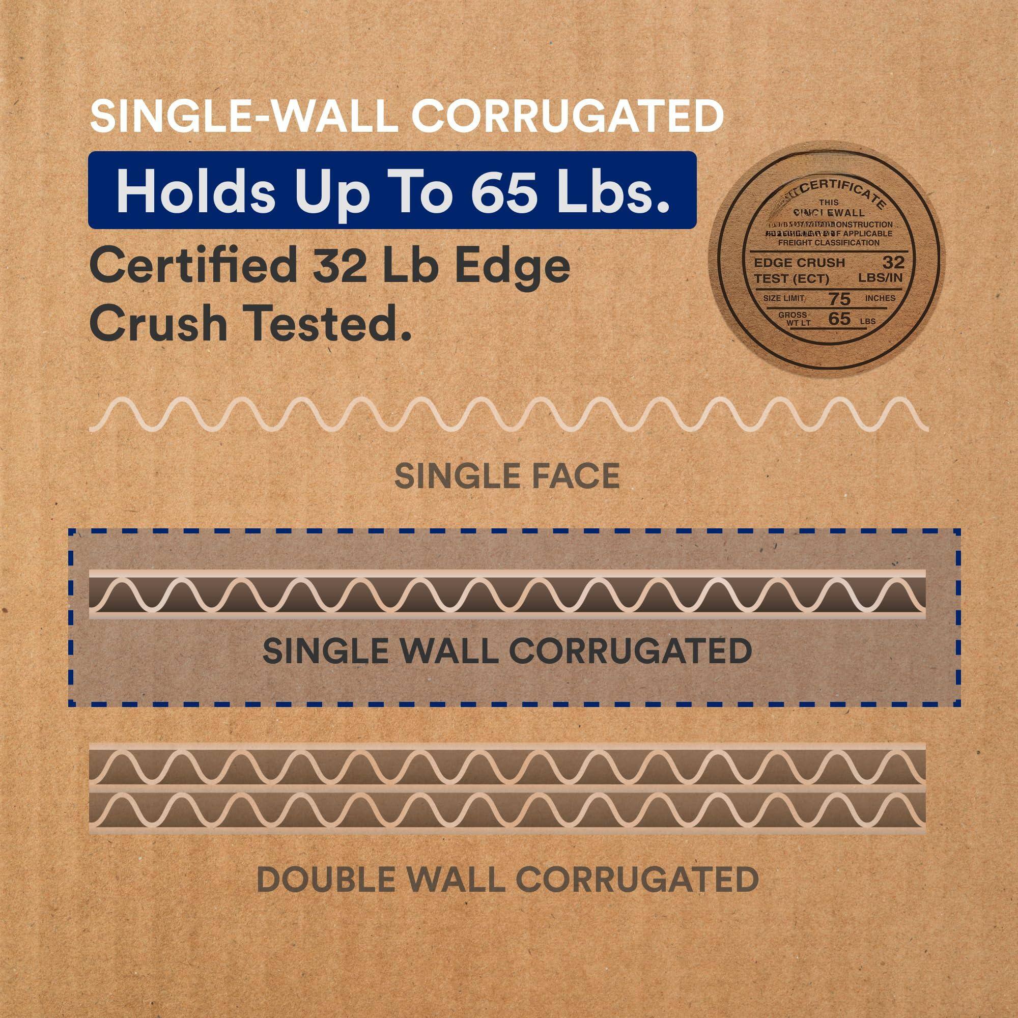 SINGLE-WALL CORRUGATED  
Holds Up To 65 Lbs.  
Certified 32 Lb Edge Crush Tested.  

SINGLE FACE  
SINGLE WALL CORRUGATED  
DOUBLE WALL CORRUGATED  

THIS CERTIFICATE IS NOT APPLICABLE TO FREIGHT CLASSIFICATION  
EDGE CRUSH TEST (ECT) 32 LBS/IN  
SIZE LIMIT 75 INCHES  
GROSS WT 65 LBS