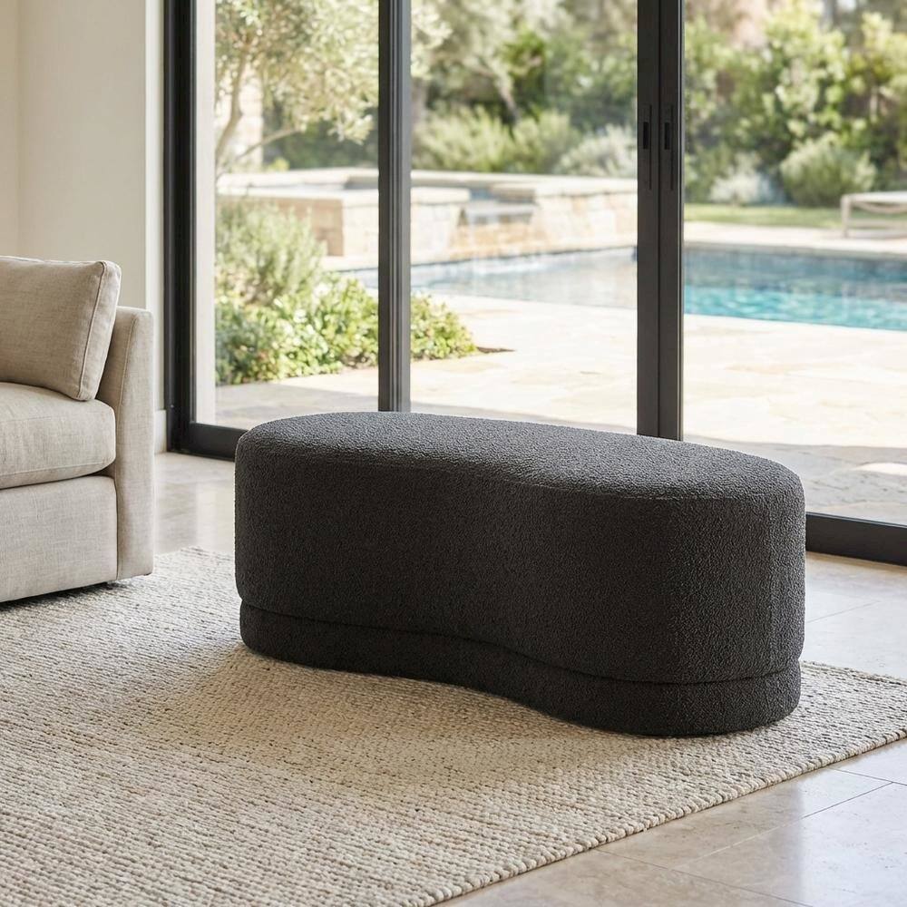 Left. Outdoor Escape - Upholstered Outdoor Ottoman Bench With Cushioned Top In Neutral Fabric - Gray.