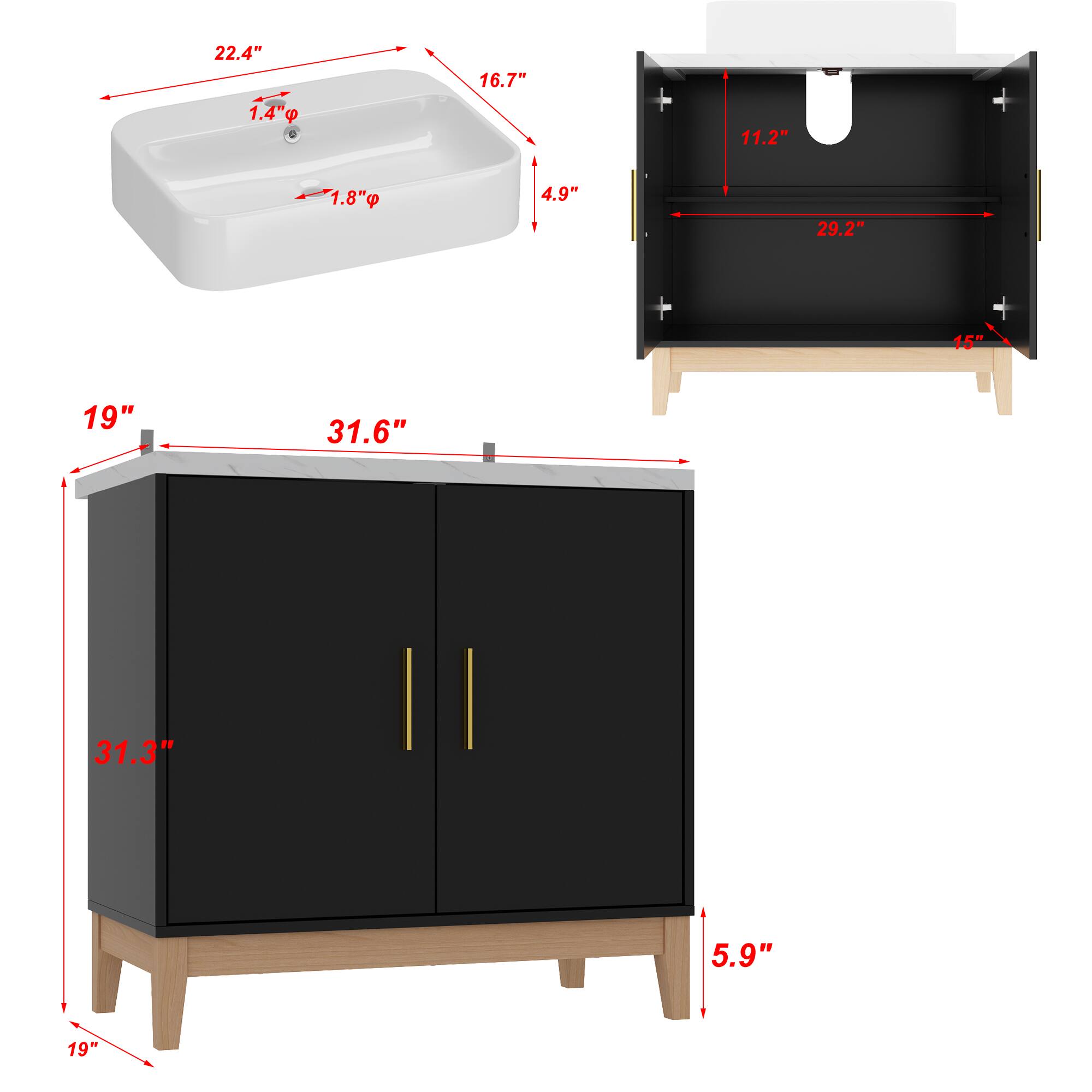 - Sink dimensions:
  - Length: 22.4"
  - Width: 16.7"
  - Depth: 4.9"
  - Drain hole diameter: 1.4"
  - Overflow hole diameter: 1.8"

- Vanity dimensions:
  - Length: 31.6"
  - Height: 31.3"
  - Width: 19"
  - Depth: 19"
  - Height of countertop: 5.9"

- Mirror dimensions:
  - Length: 29.2"
  - Width: 15"
  - Height: 11.2"