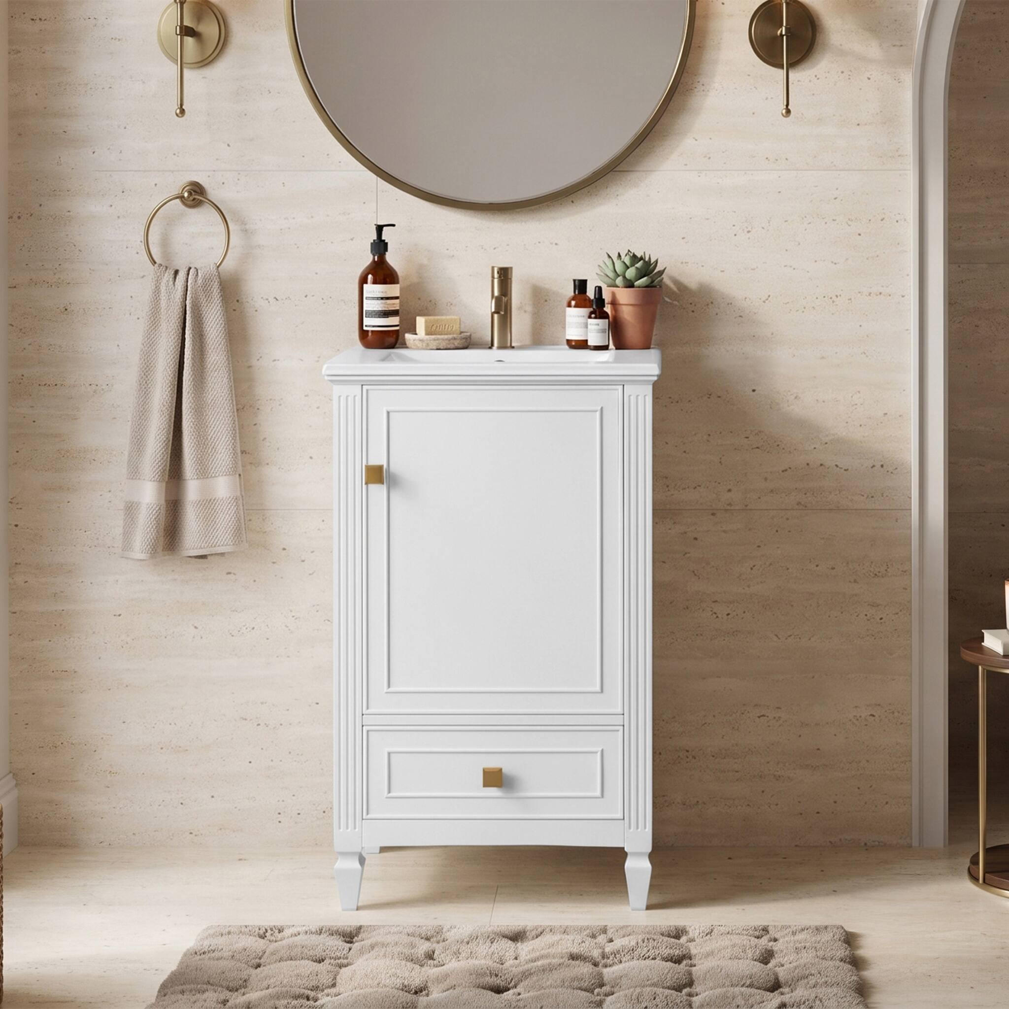Angle. JUJABU - 20" Freestanding Bathroom Vanity with Ceramic Sink and Storage Cabinet, White - White.