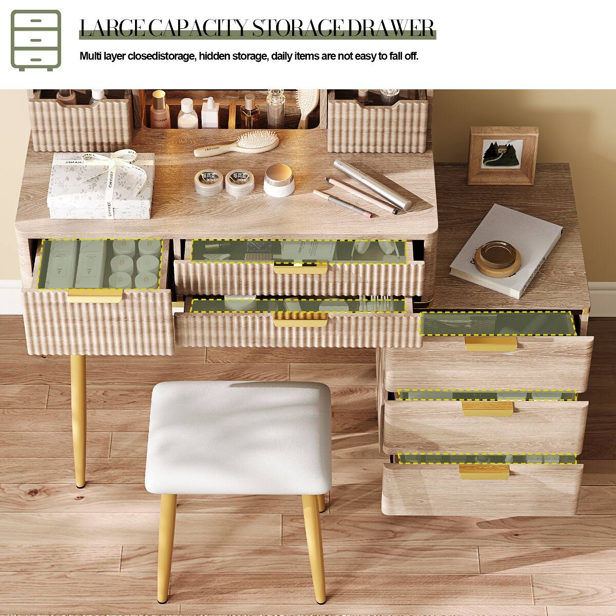 LARGE CAPACITY STORAGE DRAWER

Multi layer closed storage, hidden storage, daily items are not easy to fall off.