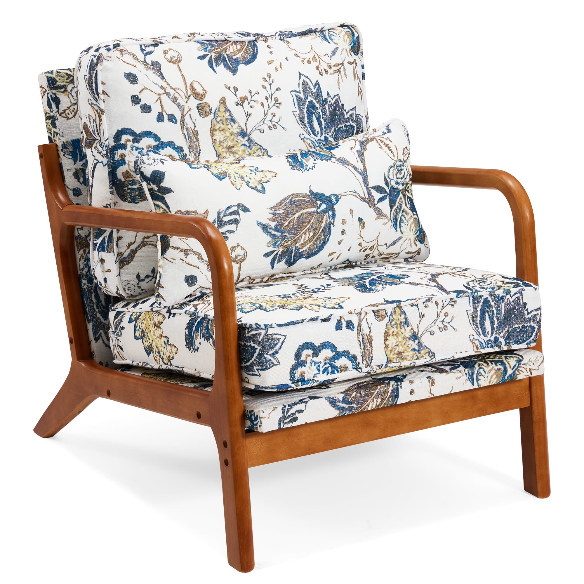 U-HOMY - Mid-Century Modern Accent Chair, Solid Wood Armchair with Upholstered Cushion for Living Room, Bedroom - Blue
