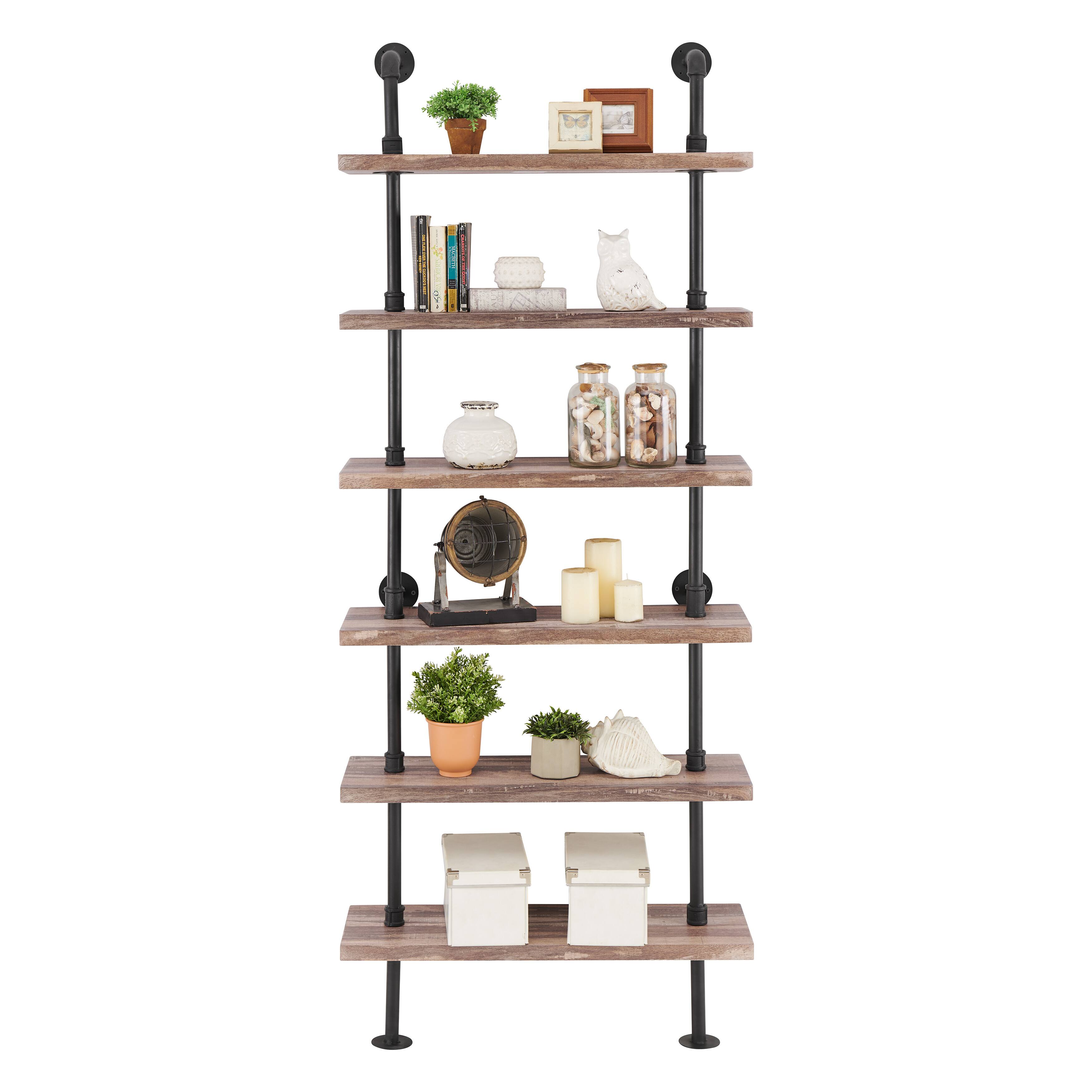 Back. Danya B - Industrial 6-Tier Iron Pipe Wall Ladder Shelf in Distressed Wood Finish - Brown.