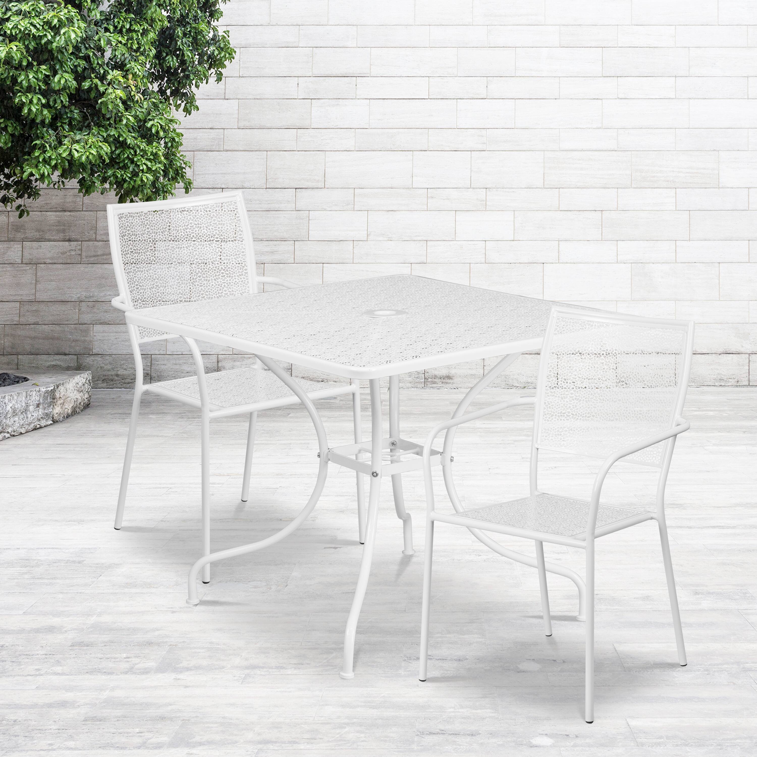 Alt View 1. Emma + Oliver - Commercial Grade 35.5" Square Metal Garden Patio Table Set, 2 Square Back Chairs - White.