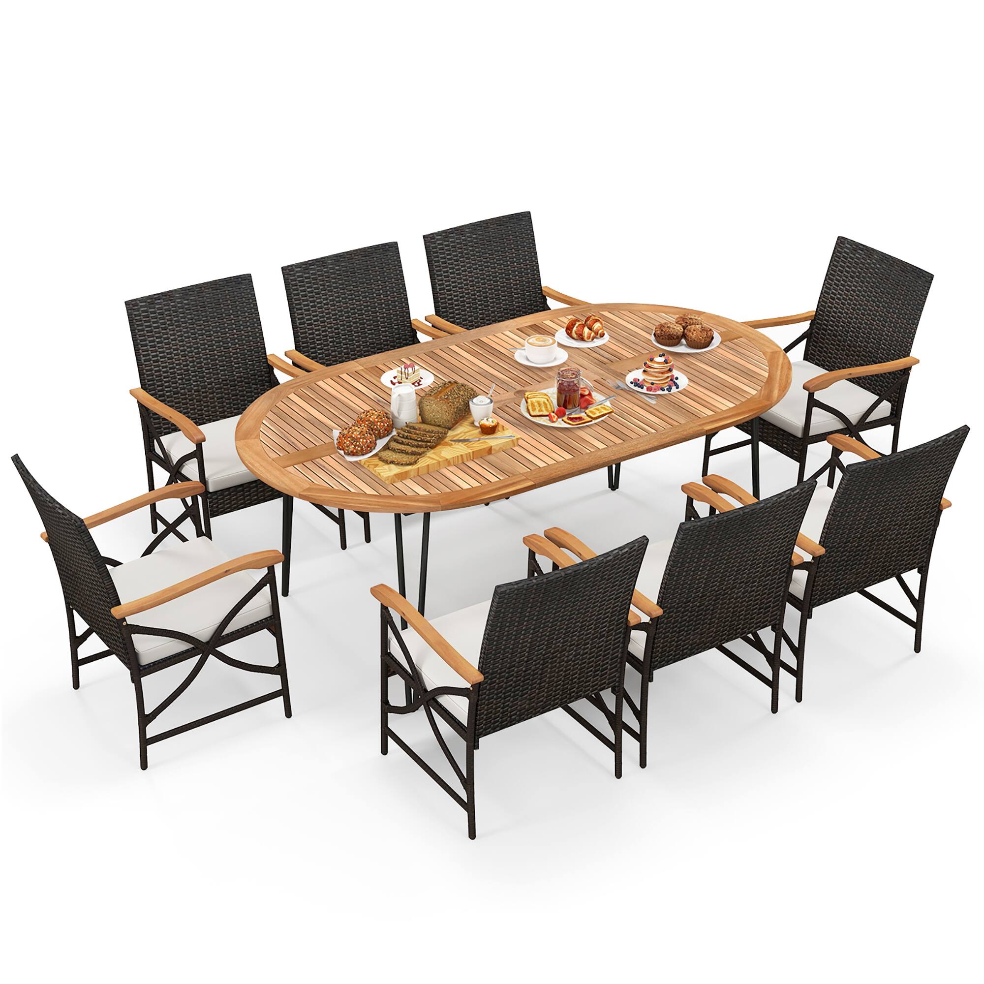 Gymax - 9 PCS Rattan Dining Set Acacia Wood Table & 8 Patio Wicker Armchairs Patio - Mix Brown, Off White price history on PriceWatchPro