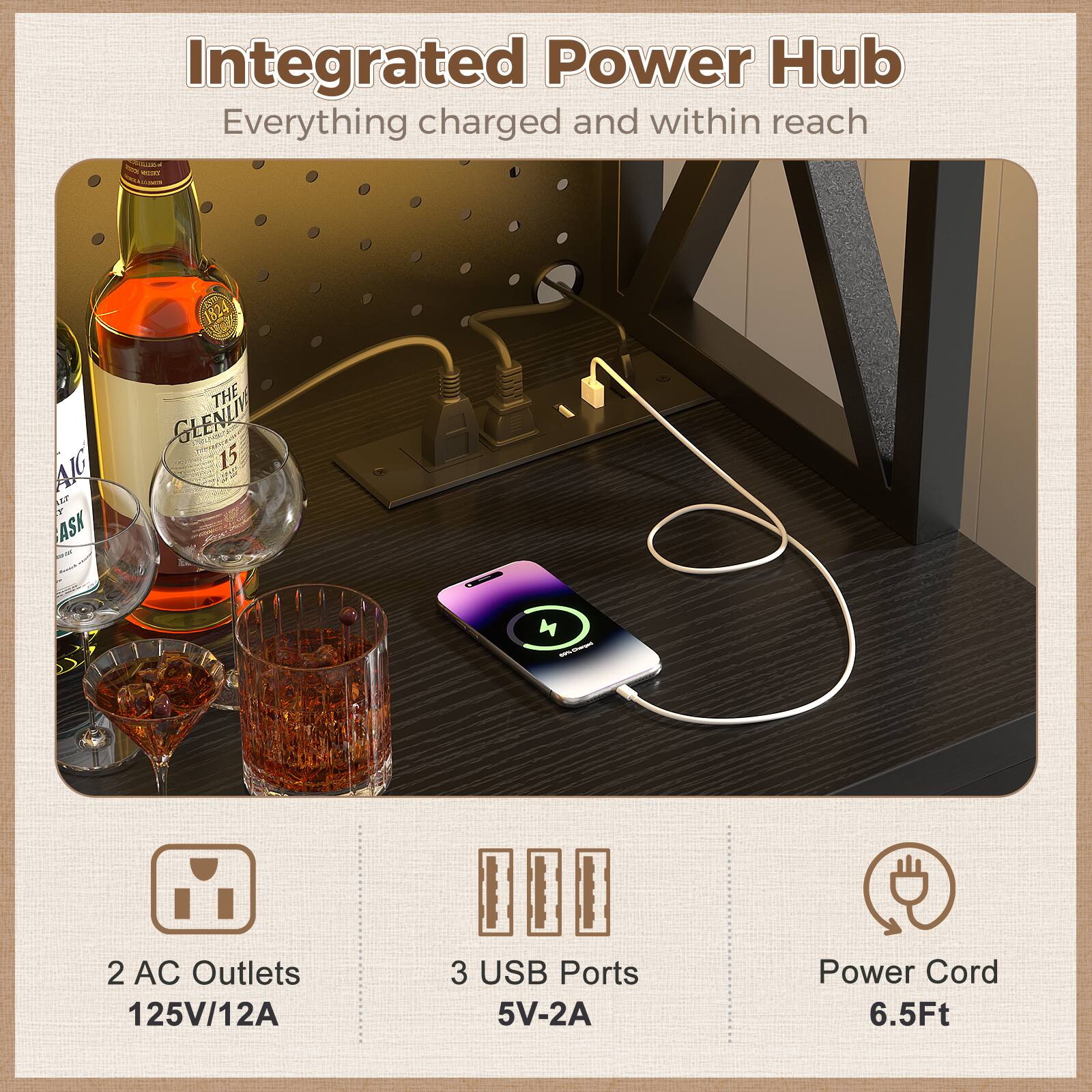 Integrated Power Hub  
Everything charged and within reach  

- 2 AC Outlets  
  125V/12A  

- 3 USB Ports  
  5V-2A  

- Power Cord  
  6.5Ft