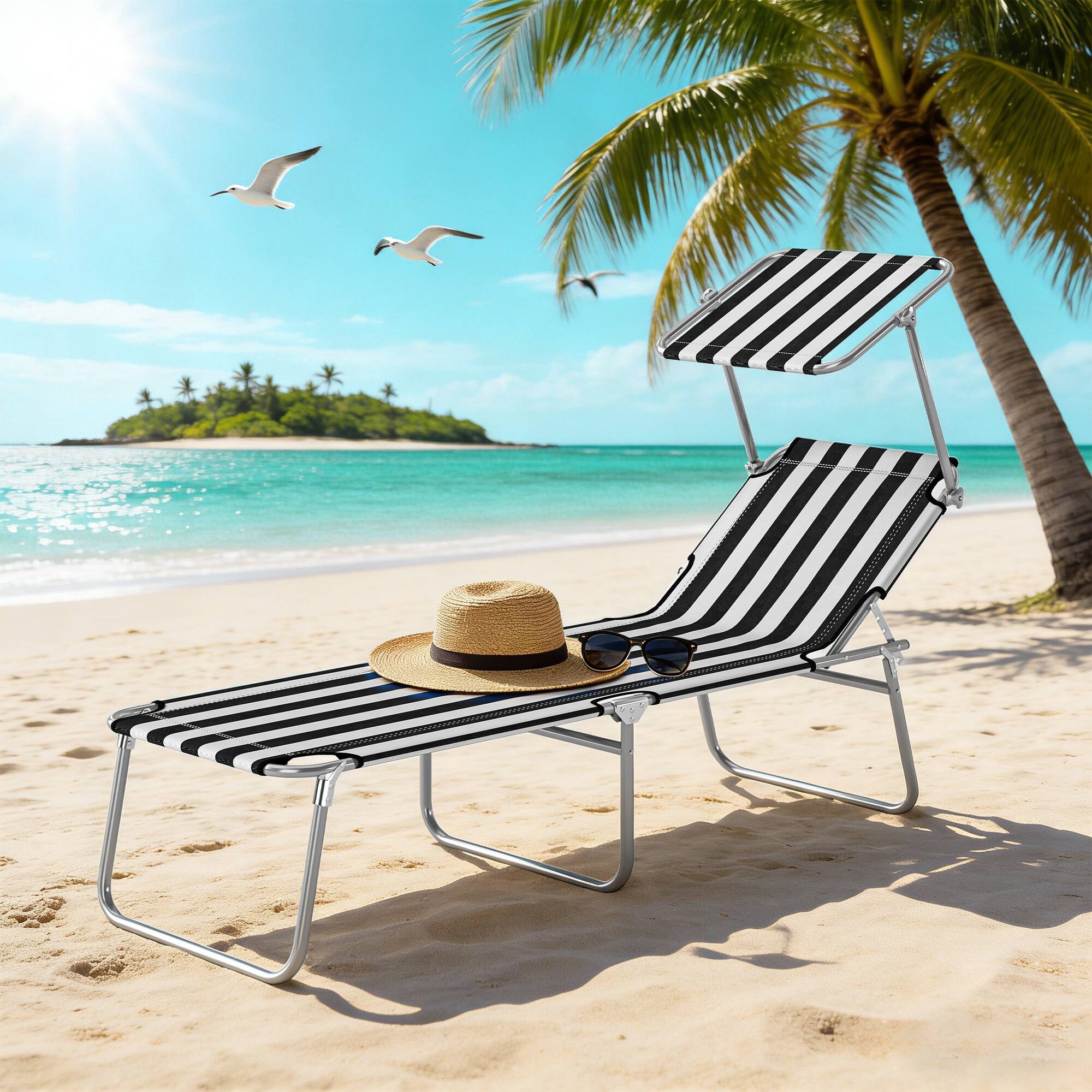 Alt View 8. Outsunny - Outdoor Lounge Chair, Adjustable Folding Chaise Lounge, Tanning Chair with Sun Shade for Beach, Camping, Hiking - Black and White.
