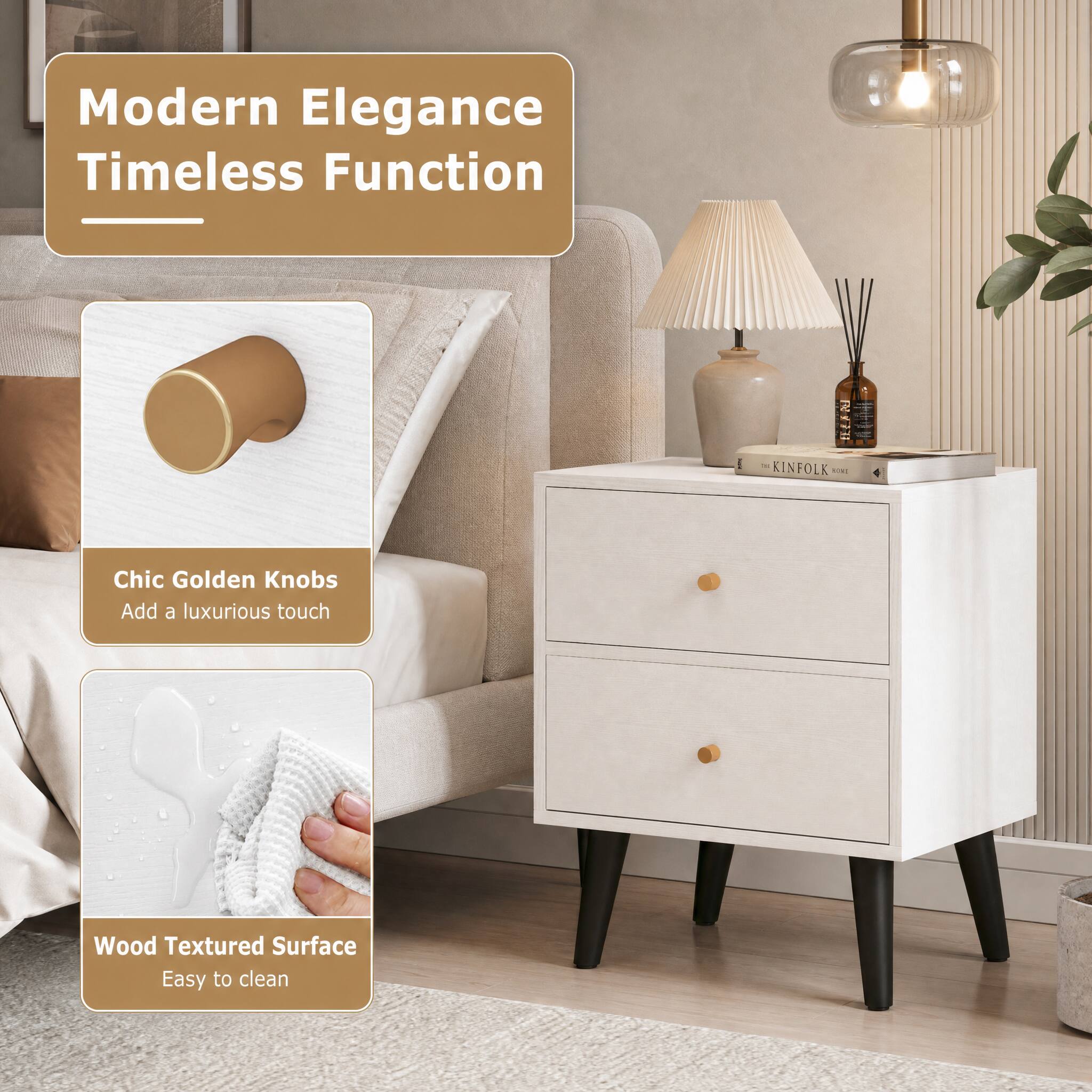 Modern Elegance Timeless Function

Chic Golden Knobs Add a luxurious touch

Wood Textured Surface Easy to clean
