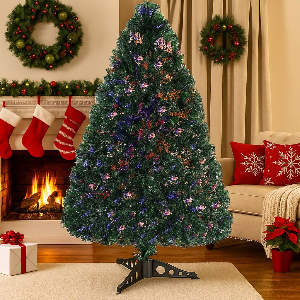 Angle. BreeBe - Prelit Fiber Optic Xmas Tree – PVC Artificial 3 to 5 FT Holiday Tree - Green.