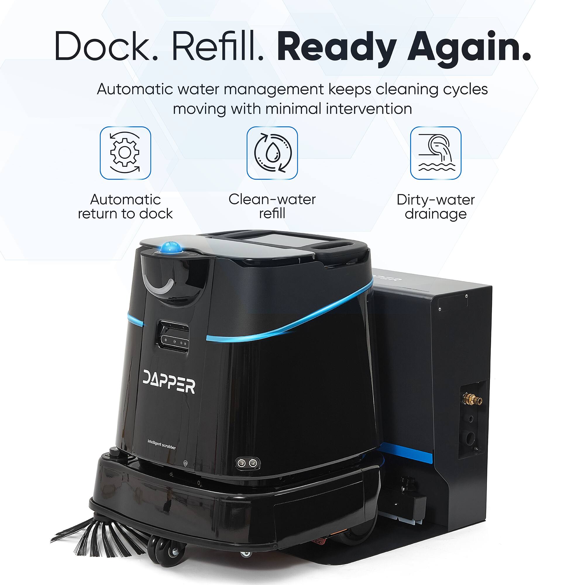 Dock. Refill. Ready Again.  
Automatic water management keeps cleaning cycles moving with minimal intervention

- Automatic return to dock
- Clean-water refill
- Dirty-water drainage

JAPPER  
intelligent scrubber