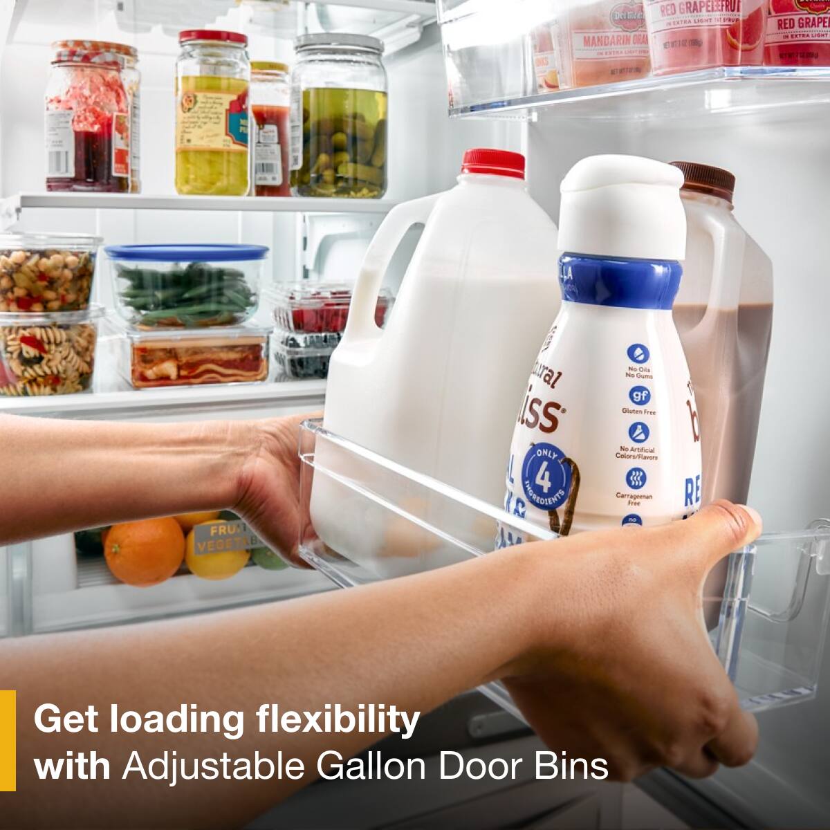 DmLE MANDARIN DRA RED GRAPELEFRUT S CER  RED GRAPE SA FRU: VEGETAB ral iss ONLY 4 M PIOEIAT N Sads Hs Dums gf Oluten dree 1 N Artfficial Colore/Tlevors Carragnenan Frie RE Get loading flexibility with Adjustable Gallon Door Bins