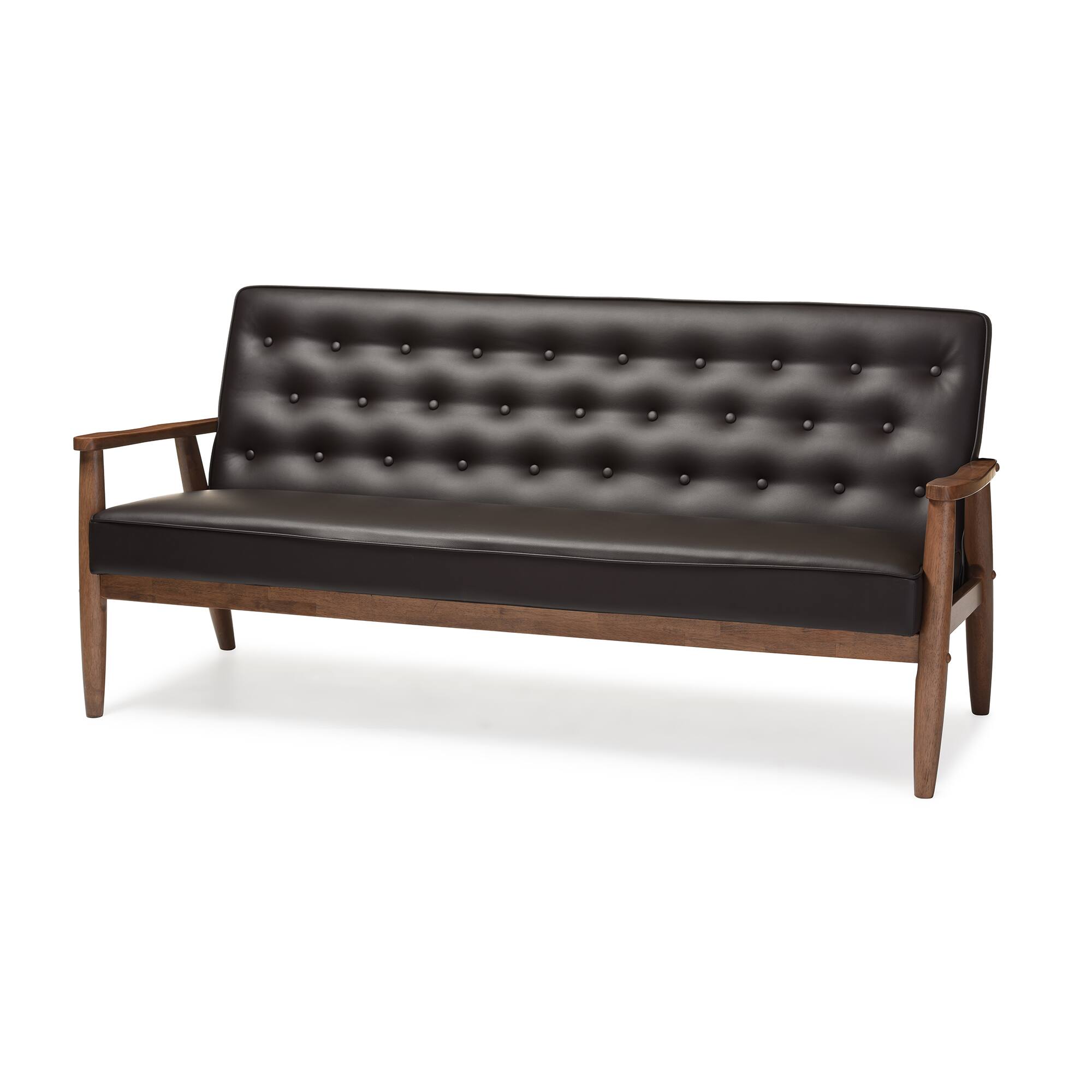 Angle. Baxton Studio - Sorrento Mid-century Retro Modern Faux Leather Upholstered Wooden 3-seater Sofa - Dark Brown.