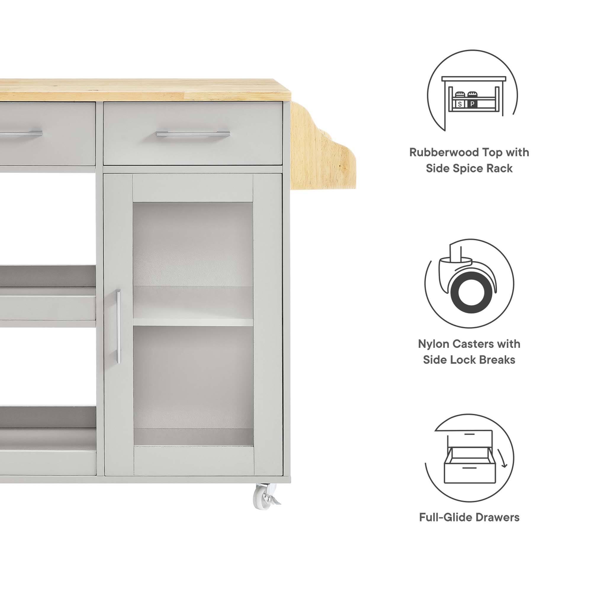 5 P Rubberwood Top with Side Spice Rack  
Nylon Casters with Side Lock Breaks  
Full-Glide Drawers
