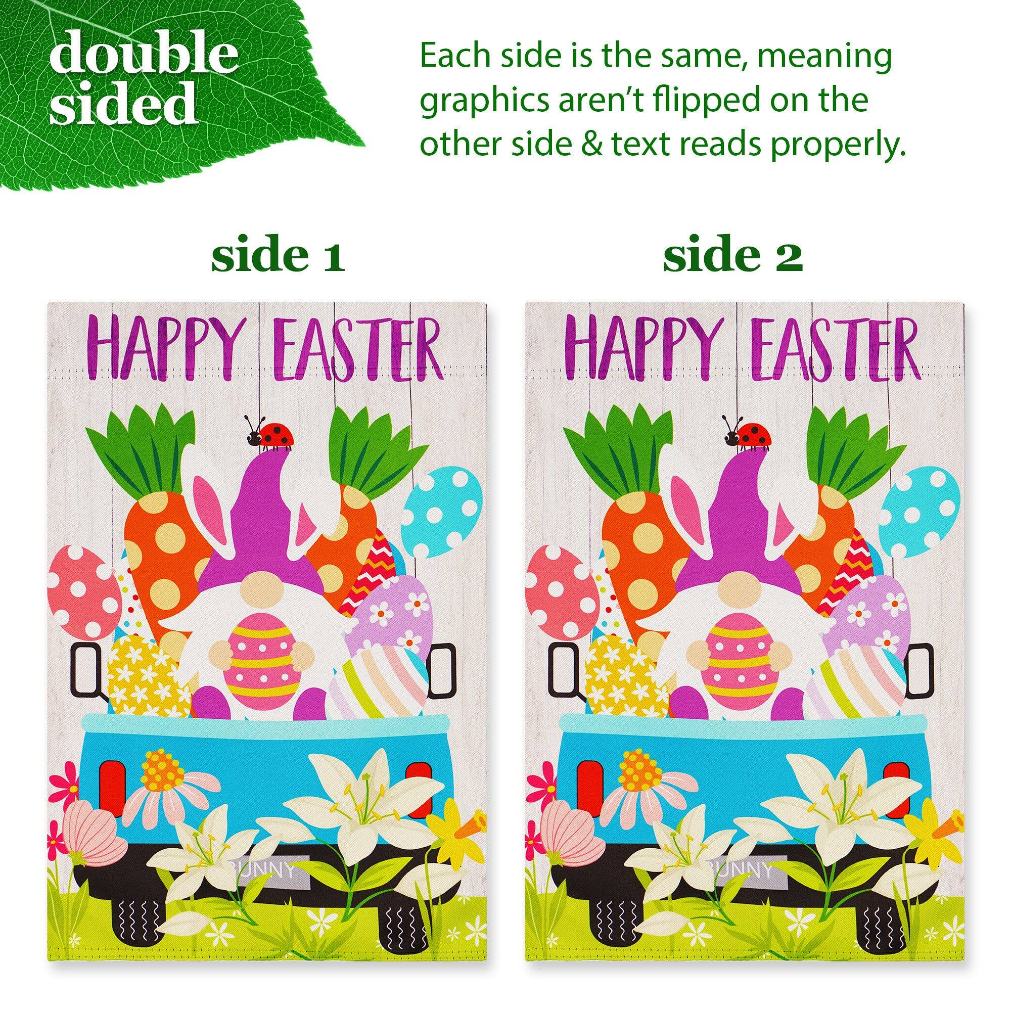 double sided

Each side is the same, meaning graphics aren't flipped on the other side & text reads properly.

side 1 HAPPY EASTER

side 2 HAPPY EASTER UNNY