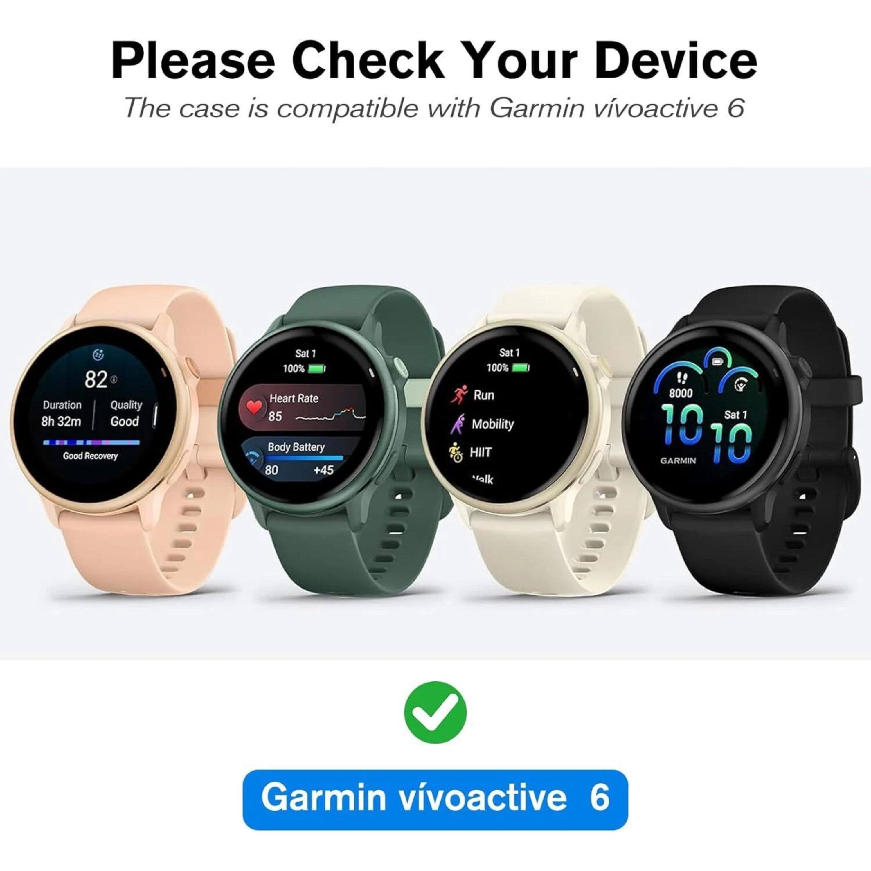 Please Check Your Device  
The case is compatible with Garmin vivoactive 6  

Duration: 8h 32m  
Quality: Good  
Recovery: Good  

Sat 1  
Heart Rate: 85  
Body Battery: 80 +45  

Sat 1  
Run Mobility HIIT: 8000  

Sat 1  
10:10  

GARMIN  
Garmin vivoactive 6