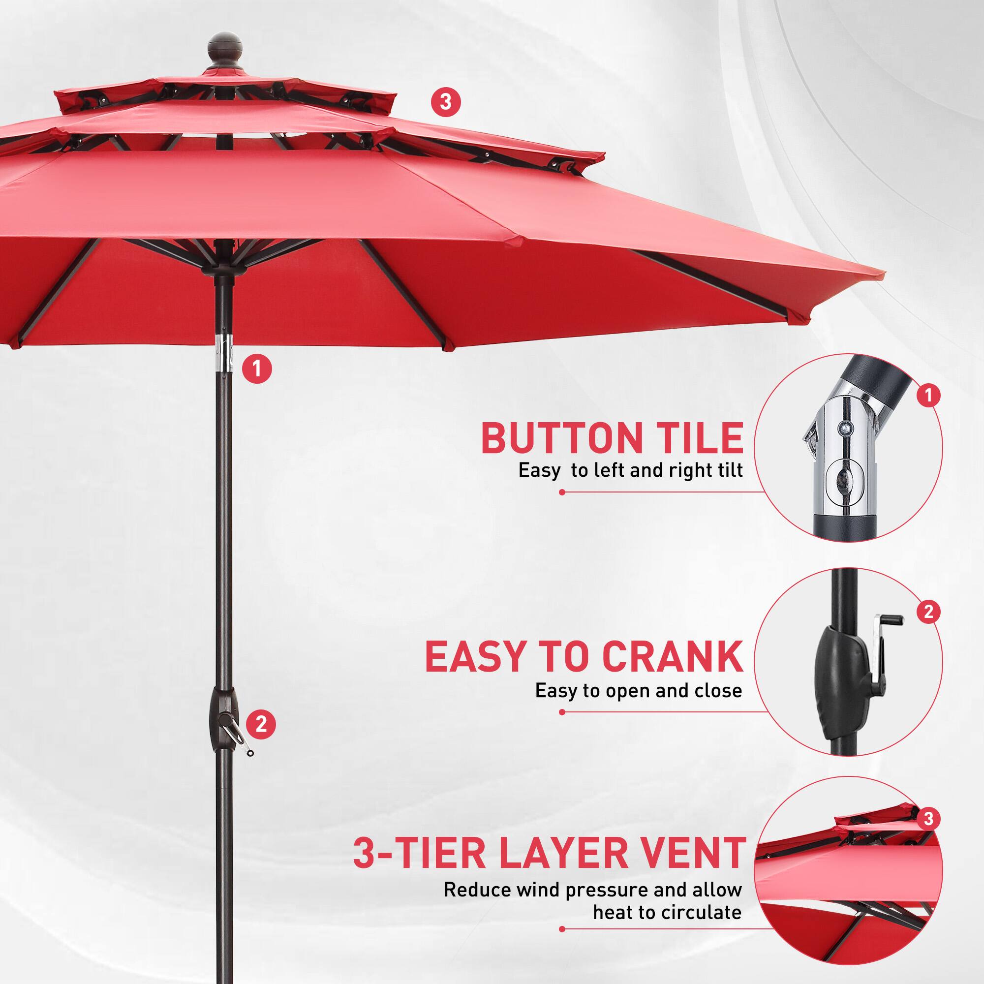 1. BUTTON TILE  
   Easy to left and right tilt

2. EASY TO CRANK  
   Easy to open and close

3. 3-TIER LAYER VENT  
   Reduce wind pressure and allow heat to circulate