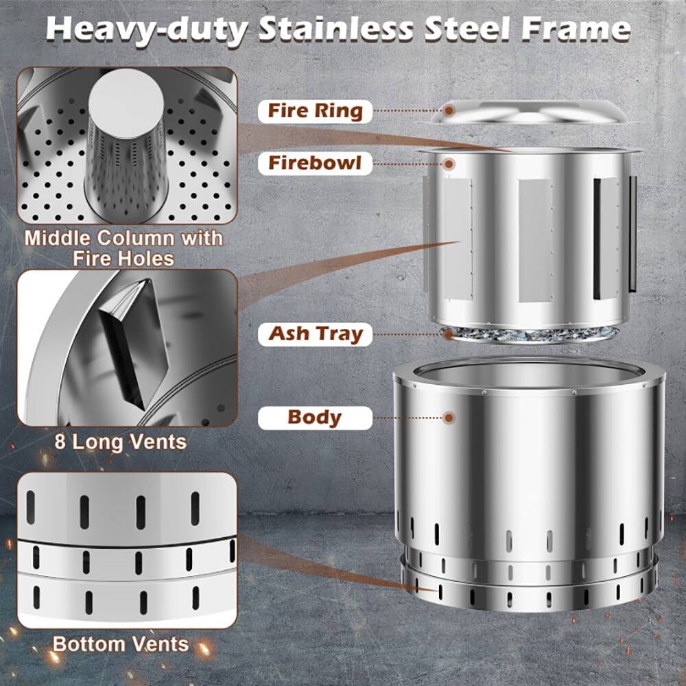Heavy-duty Stainless Steel Frame Fire Ring Firebowl Middle Column with Fire Holes Ash Tray 8 Long Vents Body Bottom Vents