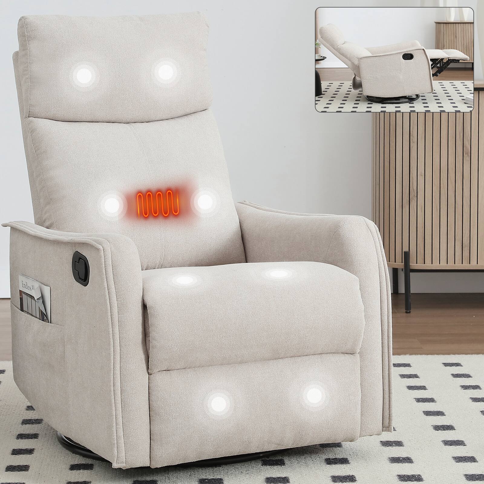 Angle. LUCKY ONE - Heat Massage Manual Recliner Chair with Rocker and Swivel - Beige.