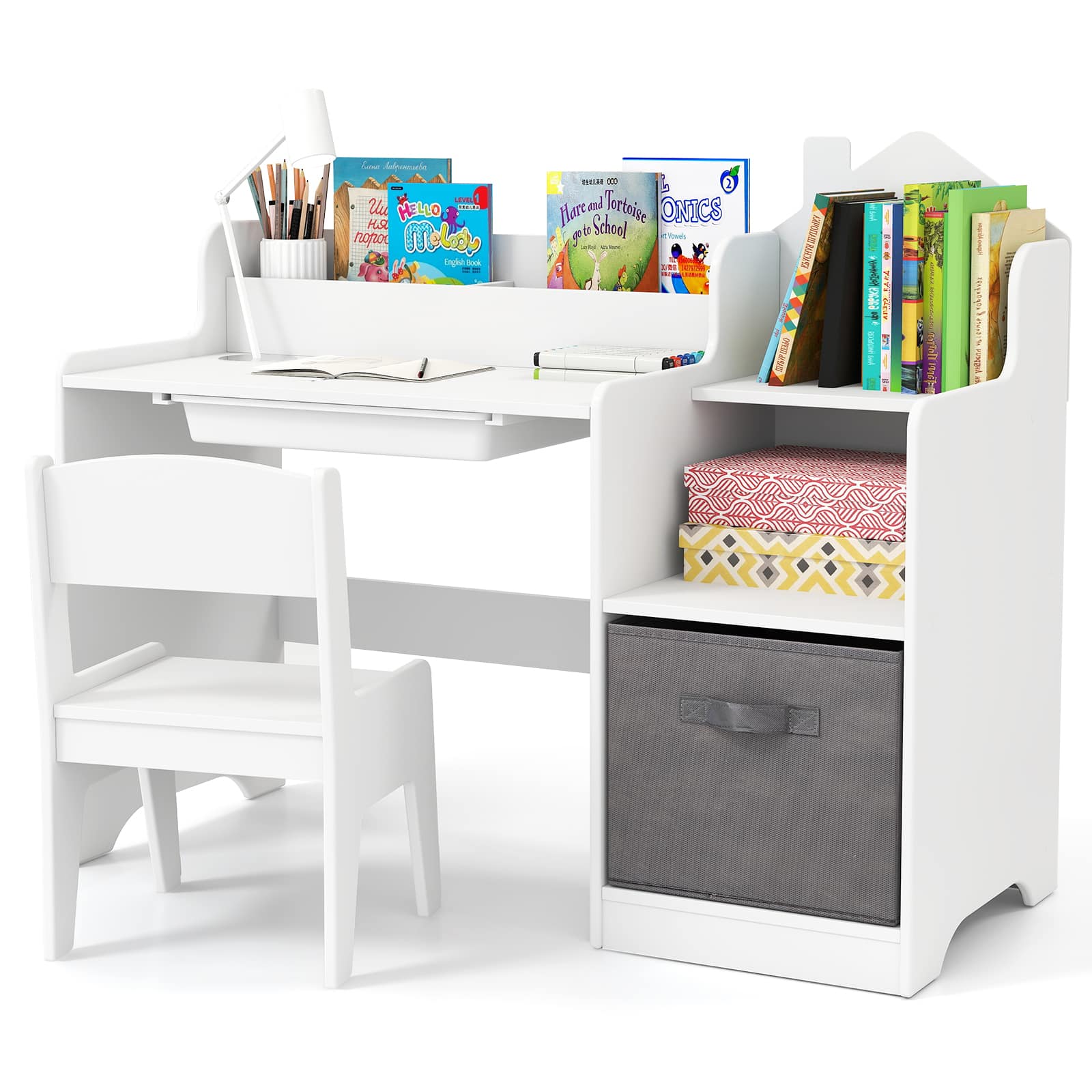 Gymax - Kids Study Desk & Chair Set w/ Open Shelves Drawer & Fabric Storage Bin Natural - White