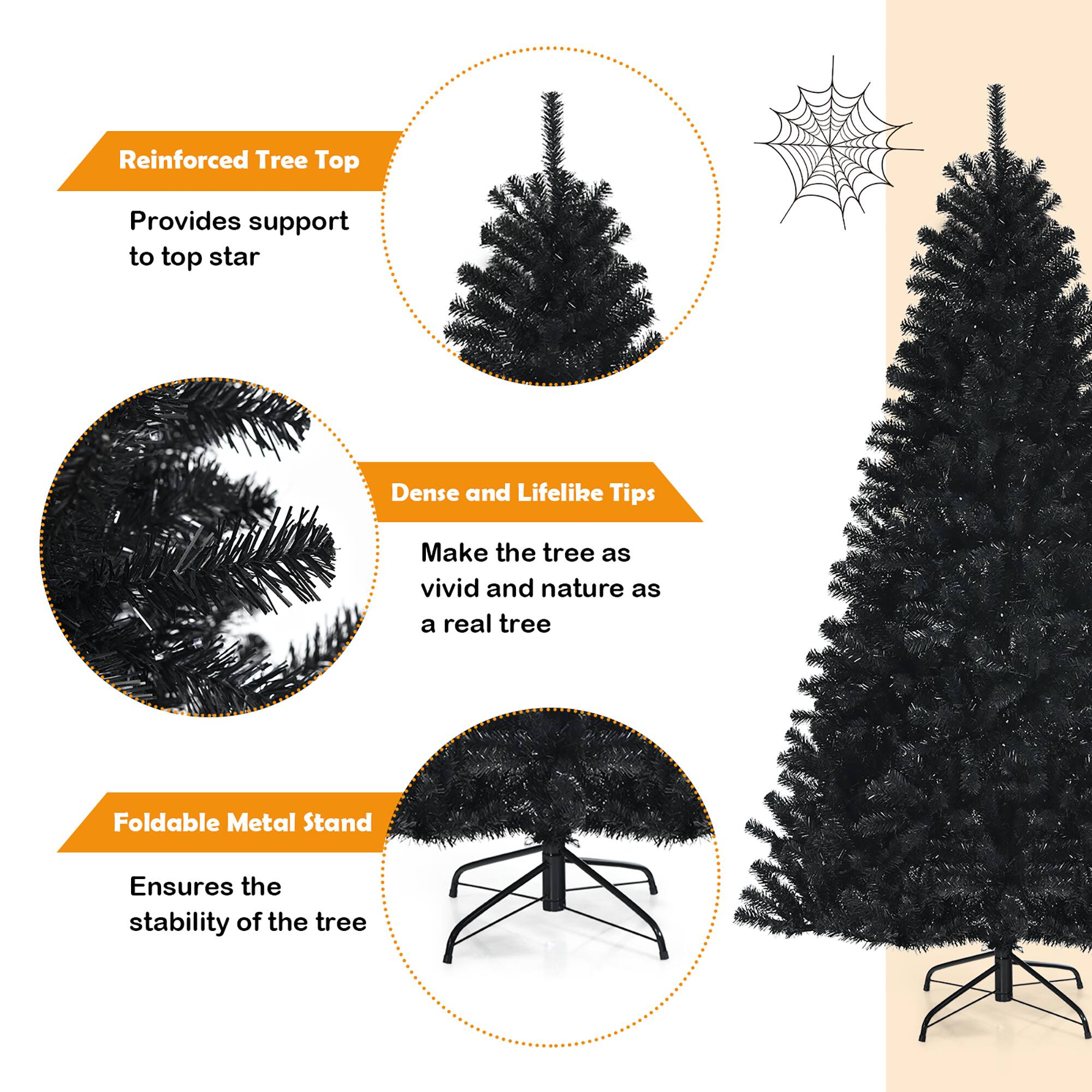 The image features a Christmas tree with a foldable metal stand, providing support and stability to the tree. The tree is described as dense and lifelike, making it appear as a real tree. The stand is designed to ensure the tree's stability, ensuring that it remains upright and secure during the holiday season.