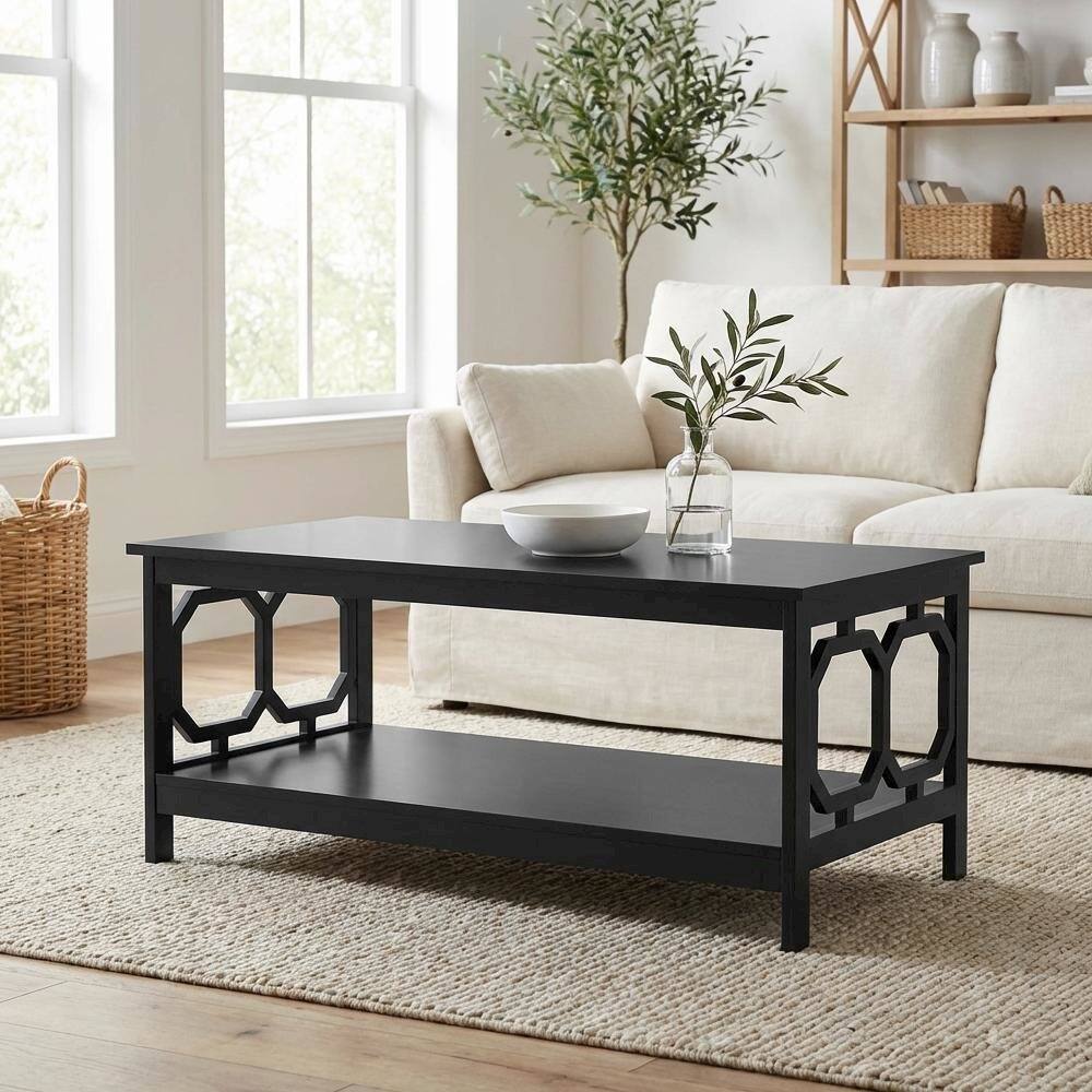Back. FurniFact - Black MDF Coffee Table with Shelf Contemporary Design Sturdy Storage - Black.