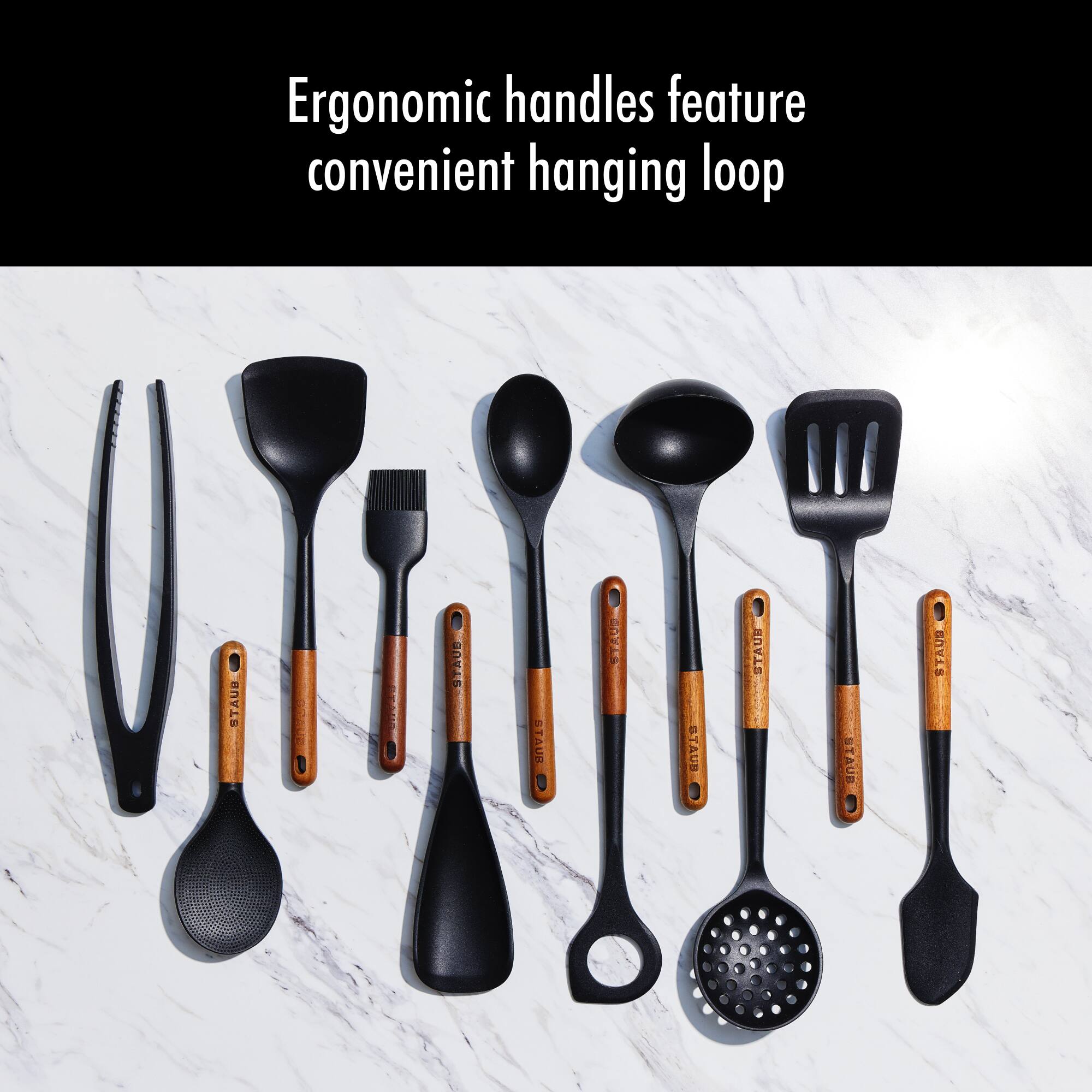 Ergonomic handles feature convenient hanging loop