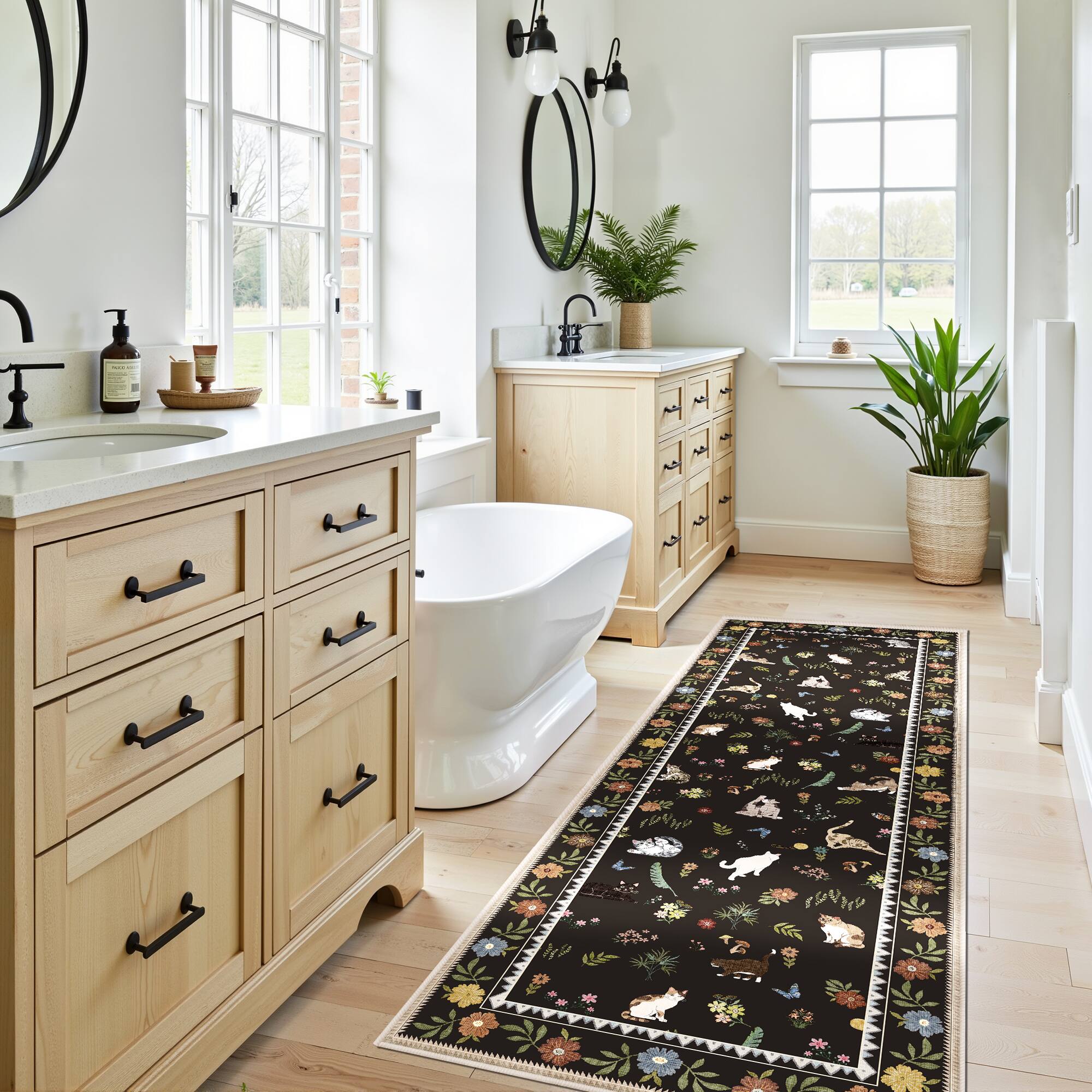 Alt View 3. KERDOM - Playful Kitten Pattern 2x6 ft Runner Rug, Cat-Themed Hallway Carpet for Kitchen & Laundry, Non-Slip Washable Floor Mat - Black.