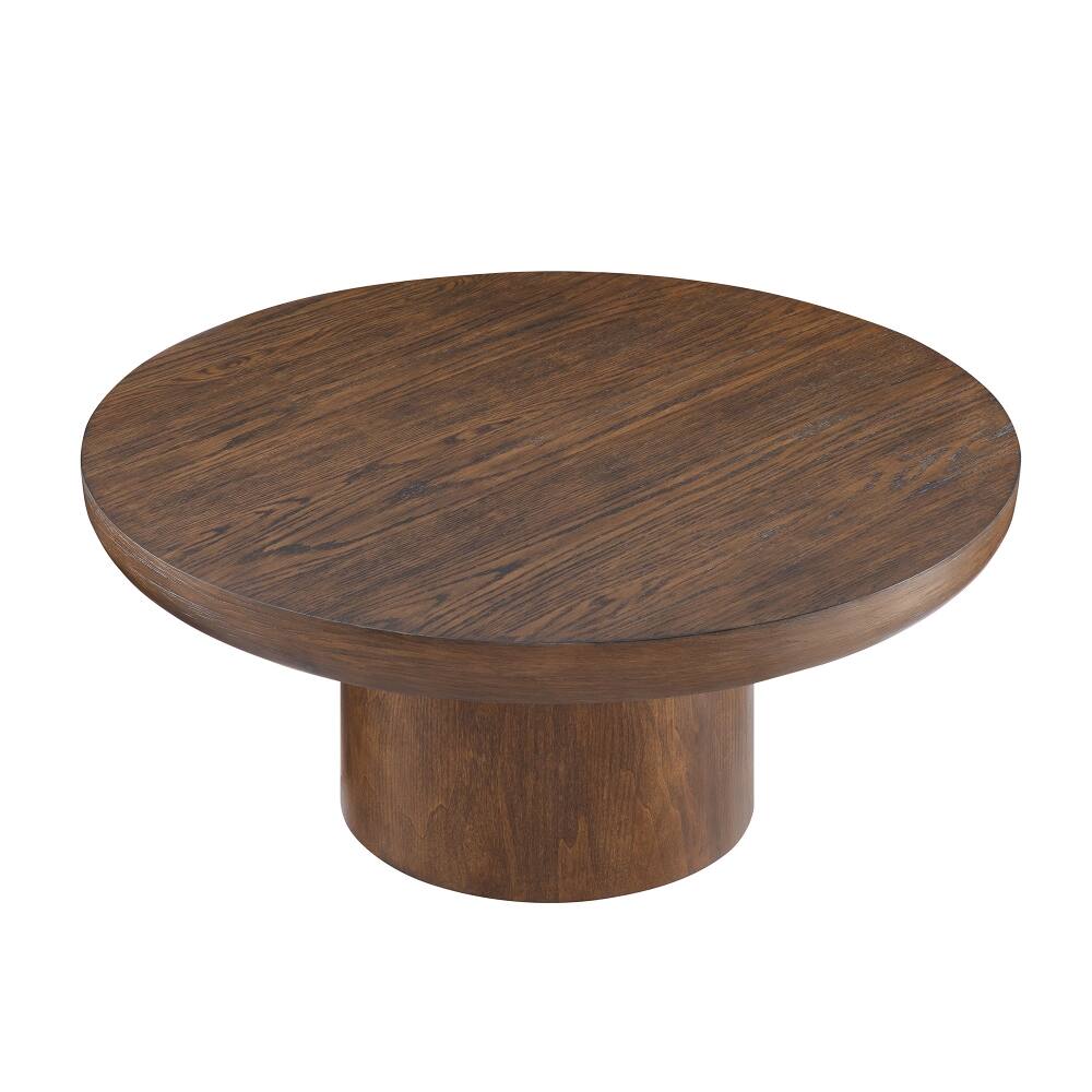 Left. Loheer - 36 Inch Round Coffee Table Wood Veneer Farmhouse Sofa Side Table with Cylindrical Legs for Living Room - Dark Brown.