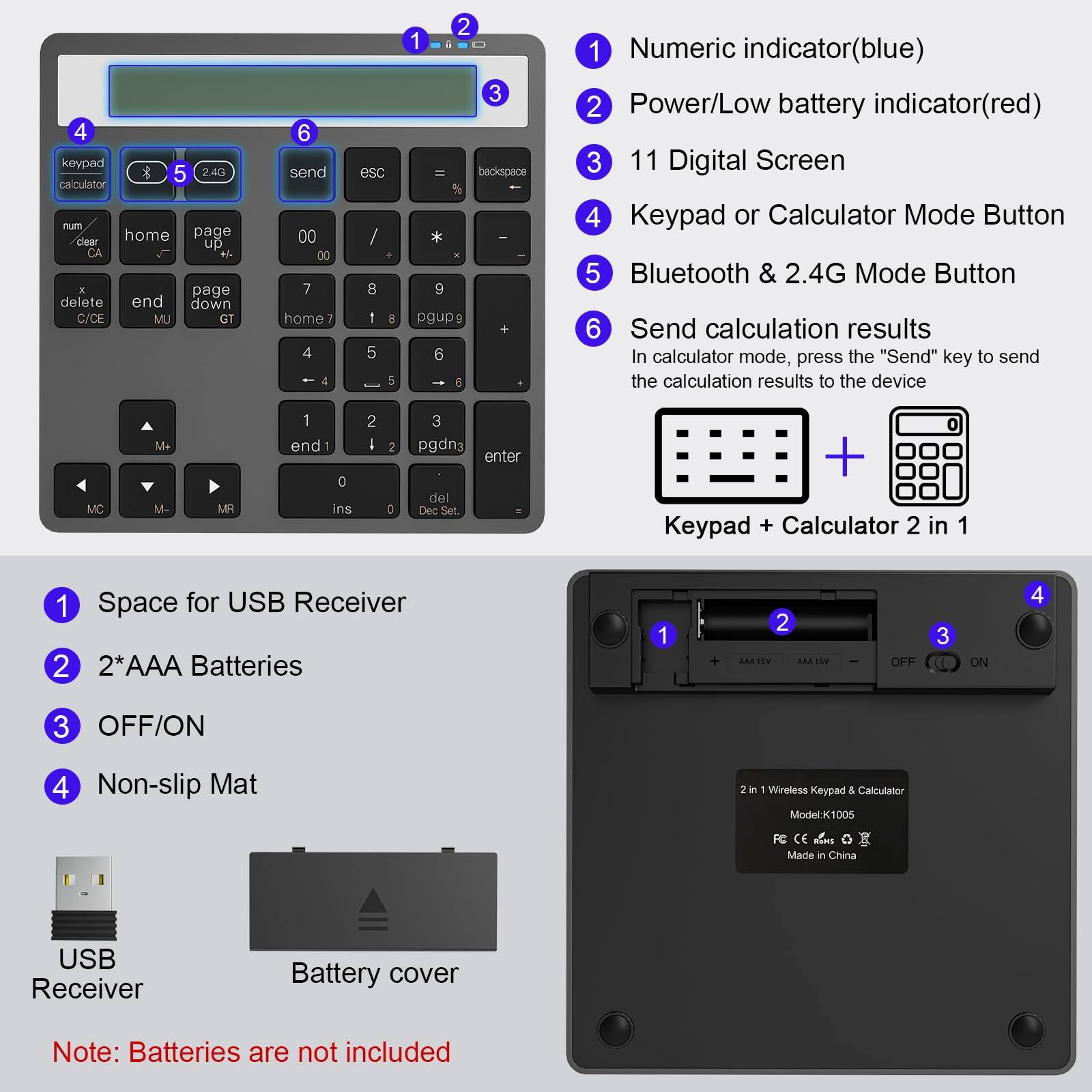 1. Numeric indicator (blue)
2. Power/Low battery indicator (red)
3. 11 Digital Screen
4. Keypad or Calculator Mode Button
5. Bluetooth & 2.4G Mode Button
6. Send calculation results
   - In calculator mode, press the "Send" key to send the calculation results to the device

Key features:
- Keypad + Calculator 2 in 1

Battery and power:
- 2*AAA Batteries
- OFF/ON switch

Additional:
- Space for USB Receiver
- Non-slip Mat

Note: Batteries are not included

Model: K1005
Made in China
FC CE