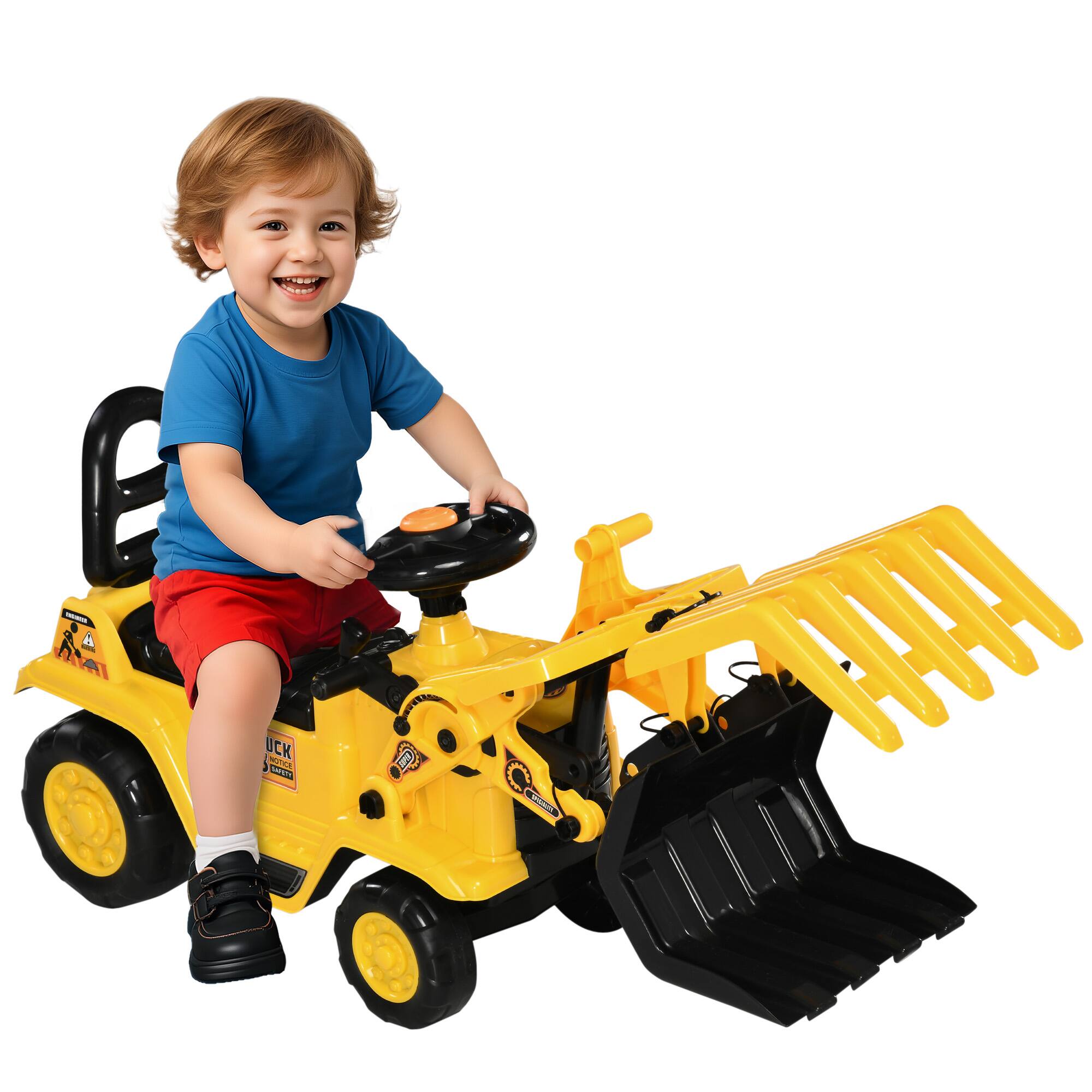 Aosom - Kids Ride on Excavator Pulling Cart, Sound Effects, Construction Vehicle, Under-Seat Storage, Treaded Wheels